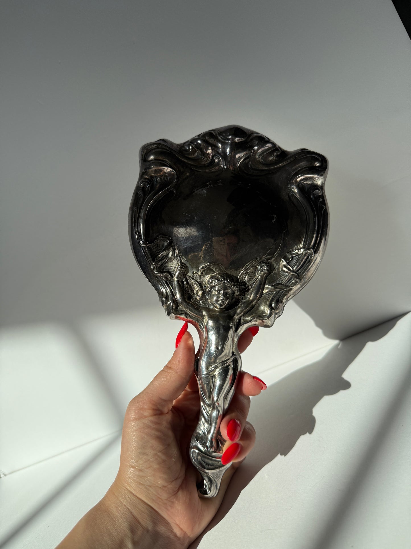 Silver-Plated Art Nouveau Hand Mirror – Figural Lady Handle, Vintage Vanity Decor, Rococo Revival Style