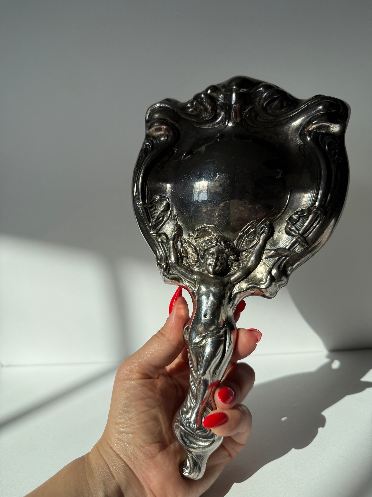 Silver-Plated Art Nouveau Hand Mirror – Figural Lady Handle, Vintage Vanity Decor, Rococo Revival Style