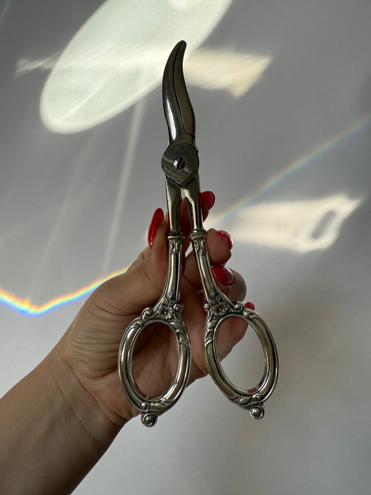 Sterling Silver Grape Shears – Floral Handle Design, Antique Scissors for Fruit or Herbs, Hallmarked Silver