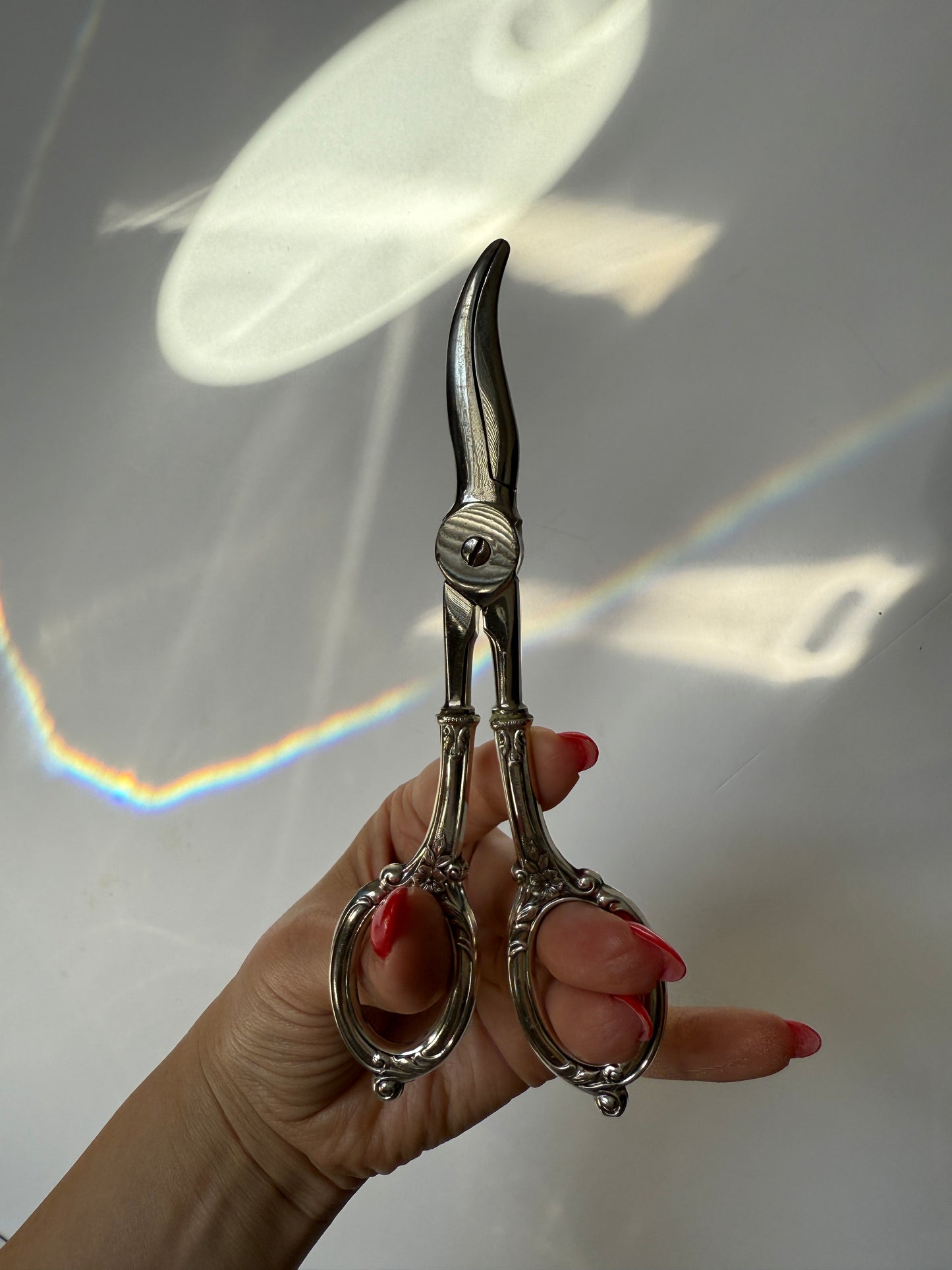 Sterling Silver Grape Shears – Floral Handle Design, Antique Scissors for Fruit or Herbs, Hallmarked Silver