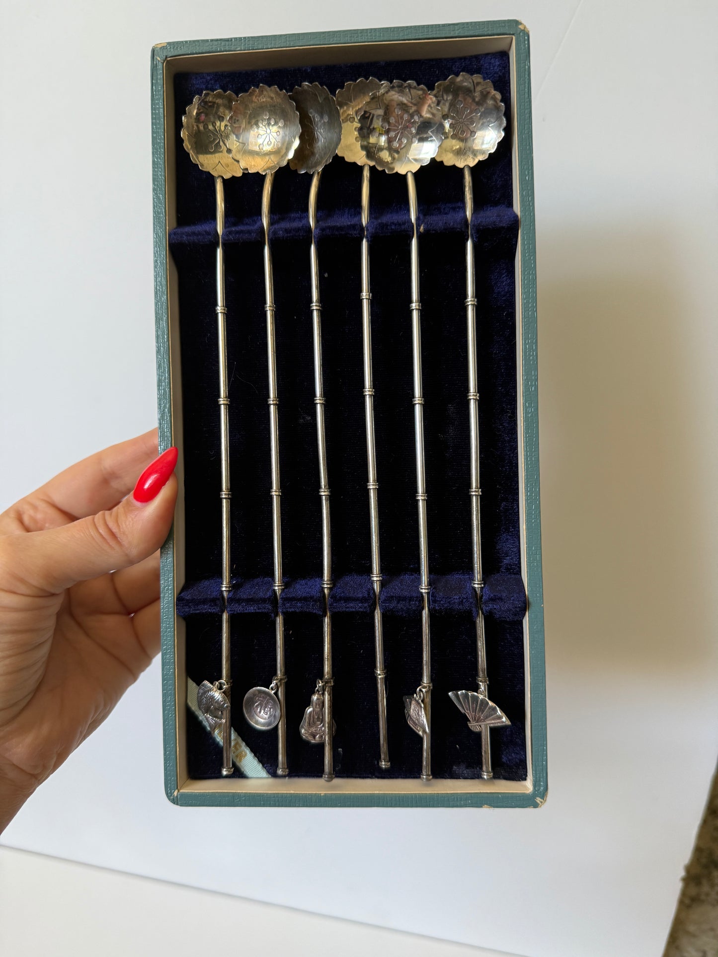 1950s Japanese Sterling Silver Cocktail Stirring Spoons – Set of 6 with Charms, Straw-Style Design