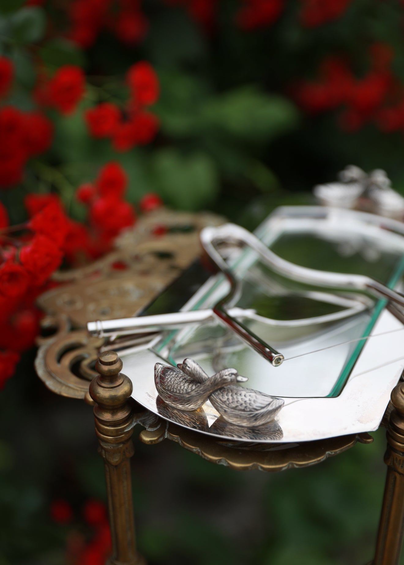 French Silver-Plated Foie Gras Serving Set – Vintage Appetizer Utensils with Tray & Knife, Duck Motif