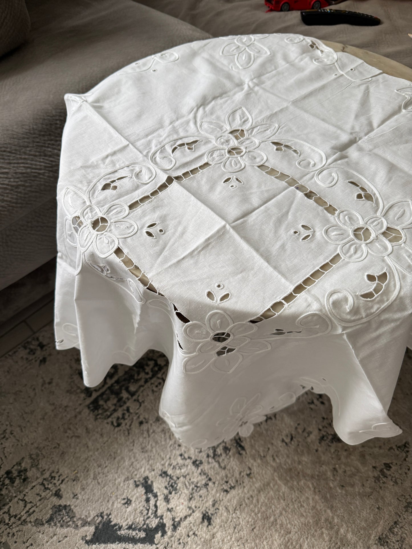 White Swiss Braid Embroidered Table Topper – 100% Cotton, Vintage Style 34"x34"