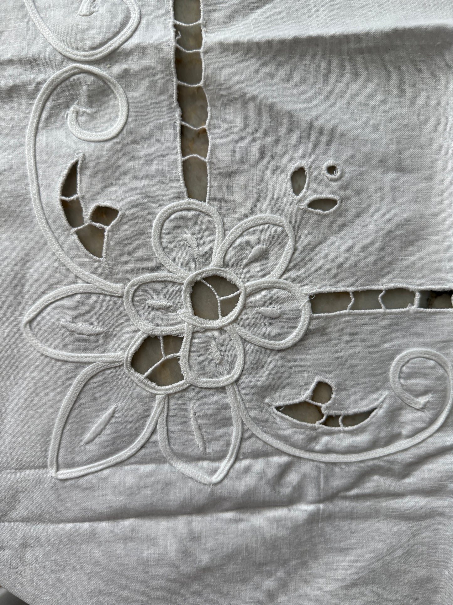 White Swiss Braid Embroidered Table Topper – 100% Cotton, Vintage Style 34"x34"