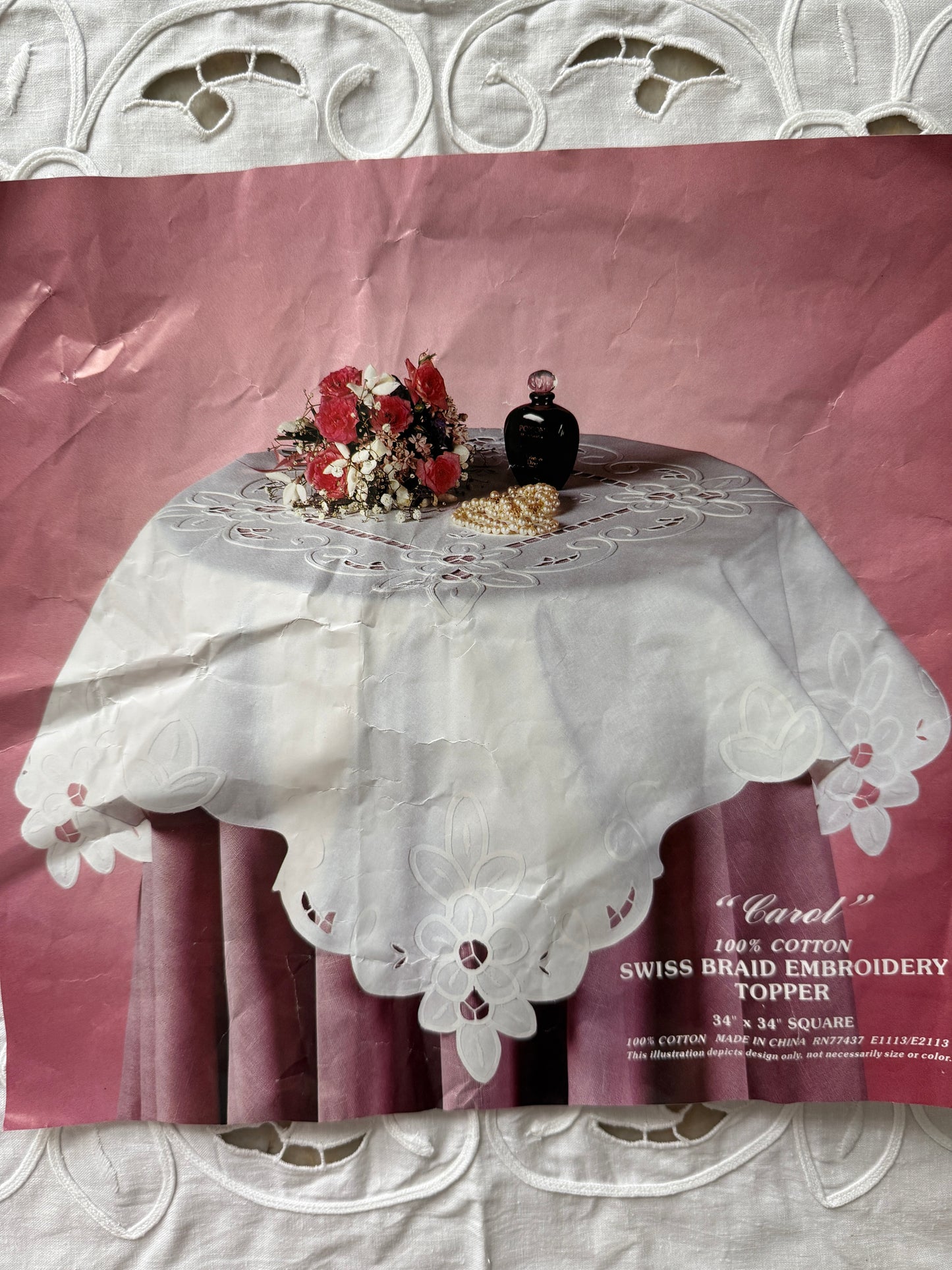 White Swiss Braid Embroidered Table Topper – 100% Cotton, Vintage Style 34"x34"