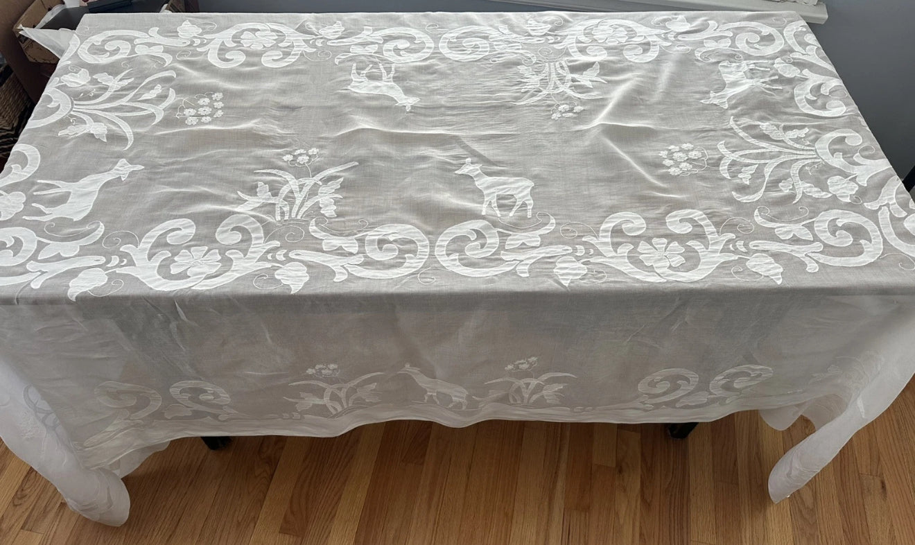 Vintage White Embroidered Tablecloth with Deer & Floral Motif – 62x104 Inches – Elegant Rectangular Linen