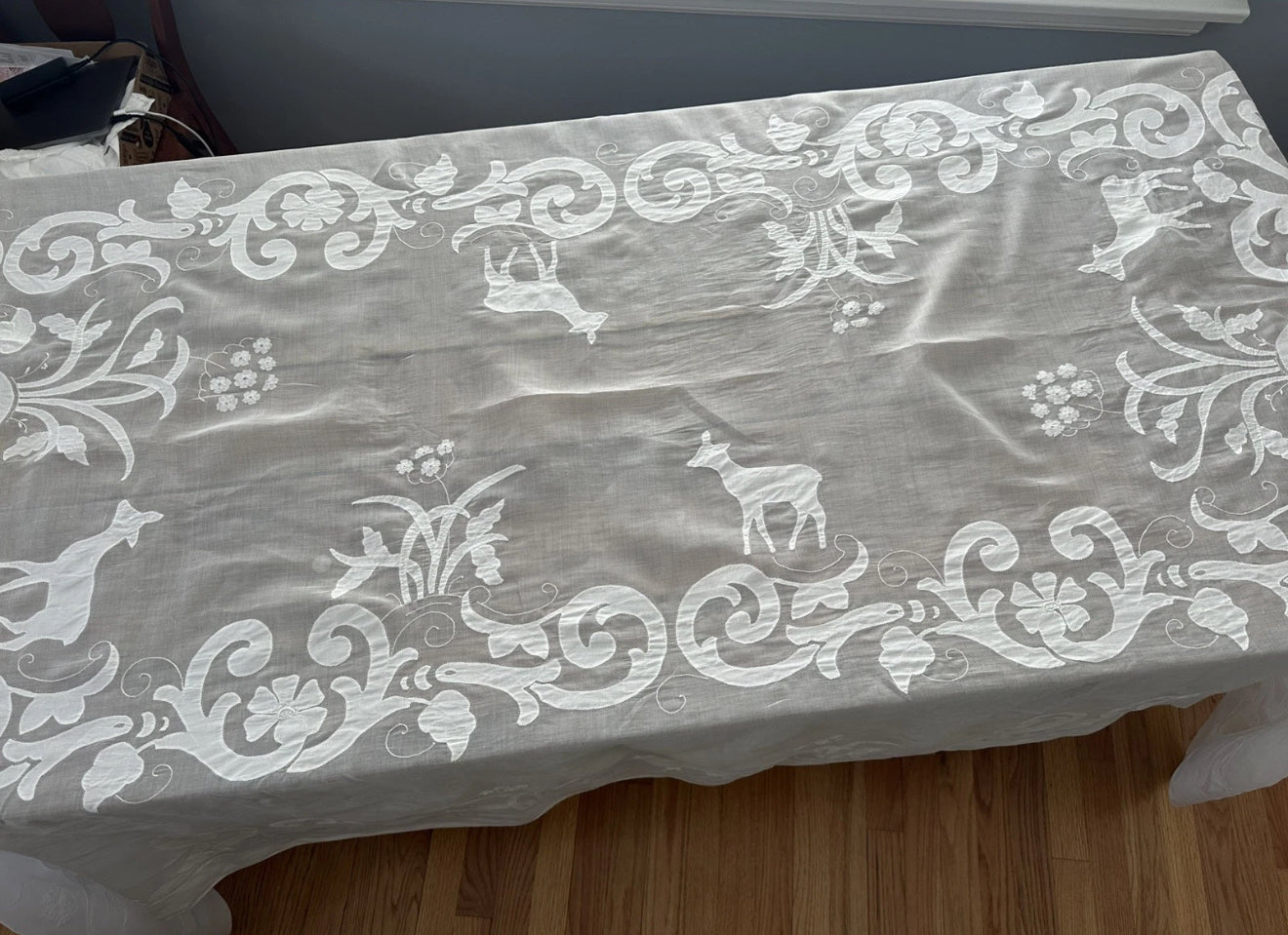 Vintage White Embroidered Tablecloth with Deer & Floral Motif – 62x104 Inches – Elegant Rectangular Linen
