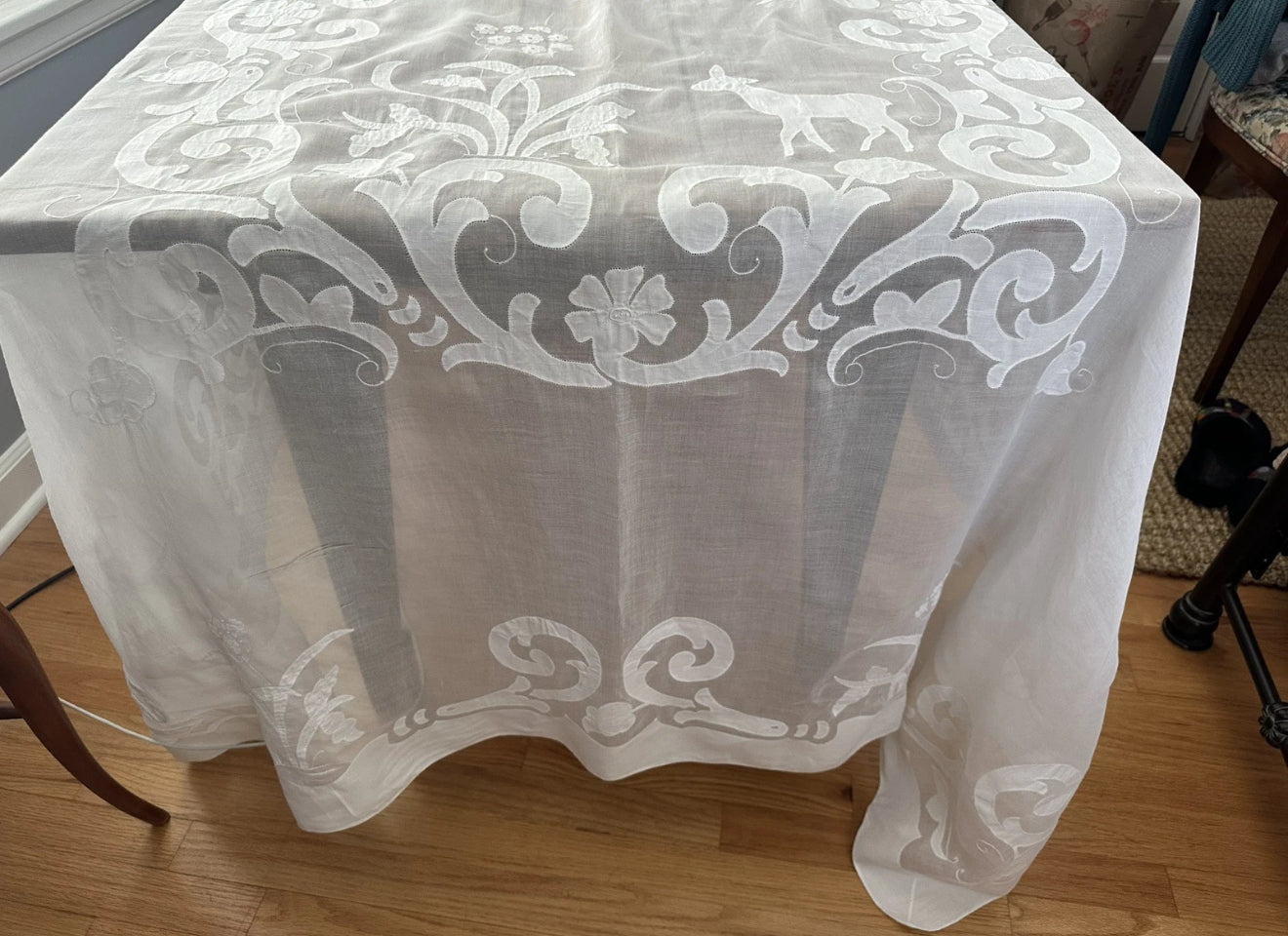 Vintage White Embroidered Tablecloth with Deer & Floral Motif – 62x104 Inches – Elegant Rectangular Linen