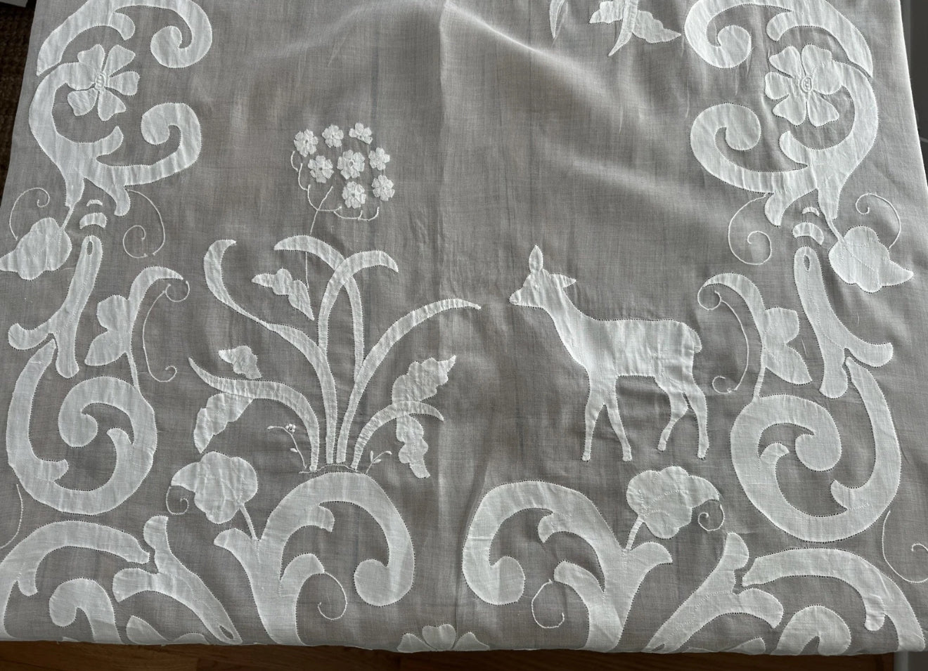 Vintage White Embroidered Tablecloth with Deer & Floral Motif – 62x104 Inches – Elegant Rectangular Linen