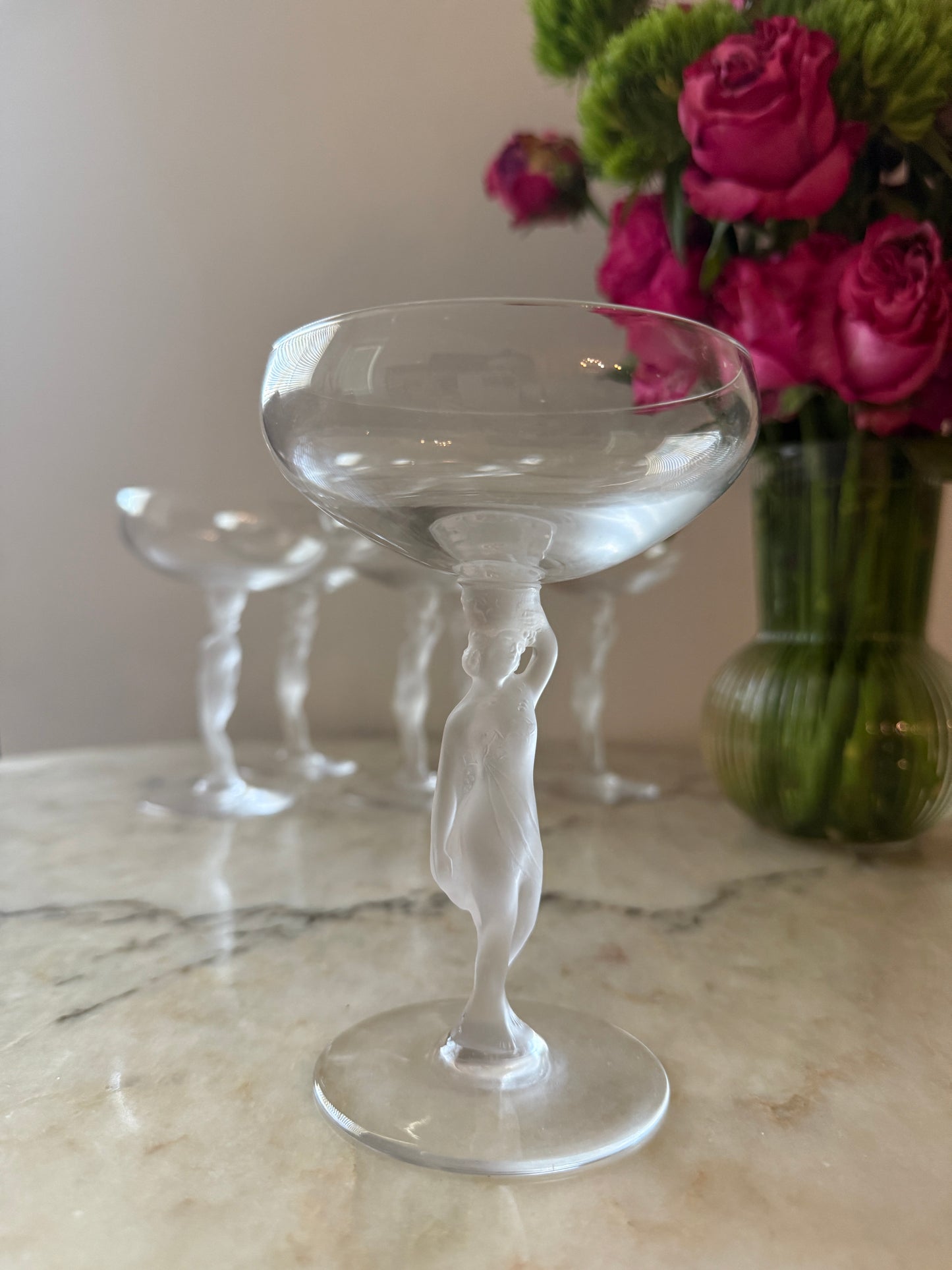 Set of 6Vintage Bayel France Champagne Coupes – Frosted Nude Stem Crystal Glasses