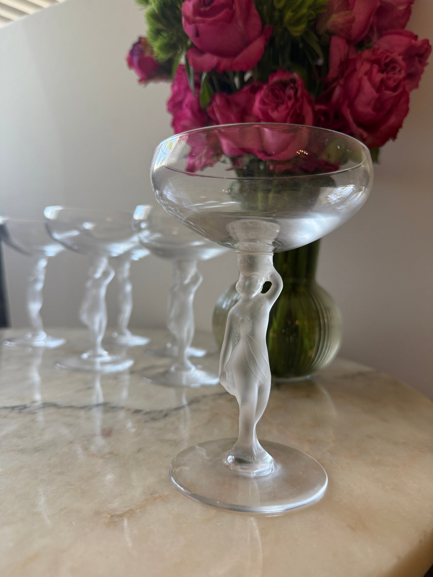 Set of 6Vintage Bayel France Champagne Coupes – Frosted Nude Stem Crystal Glasses