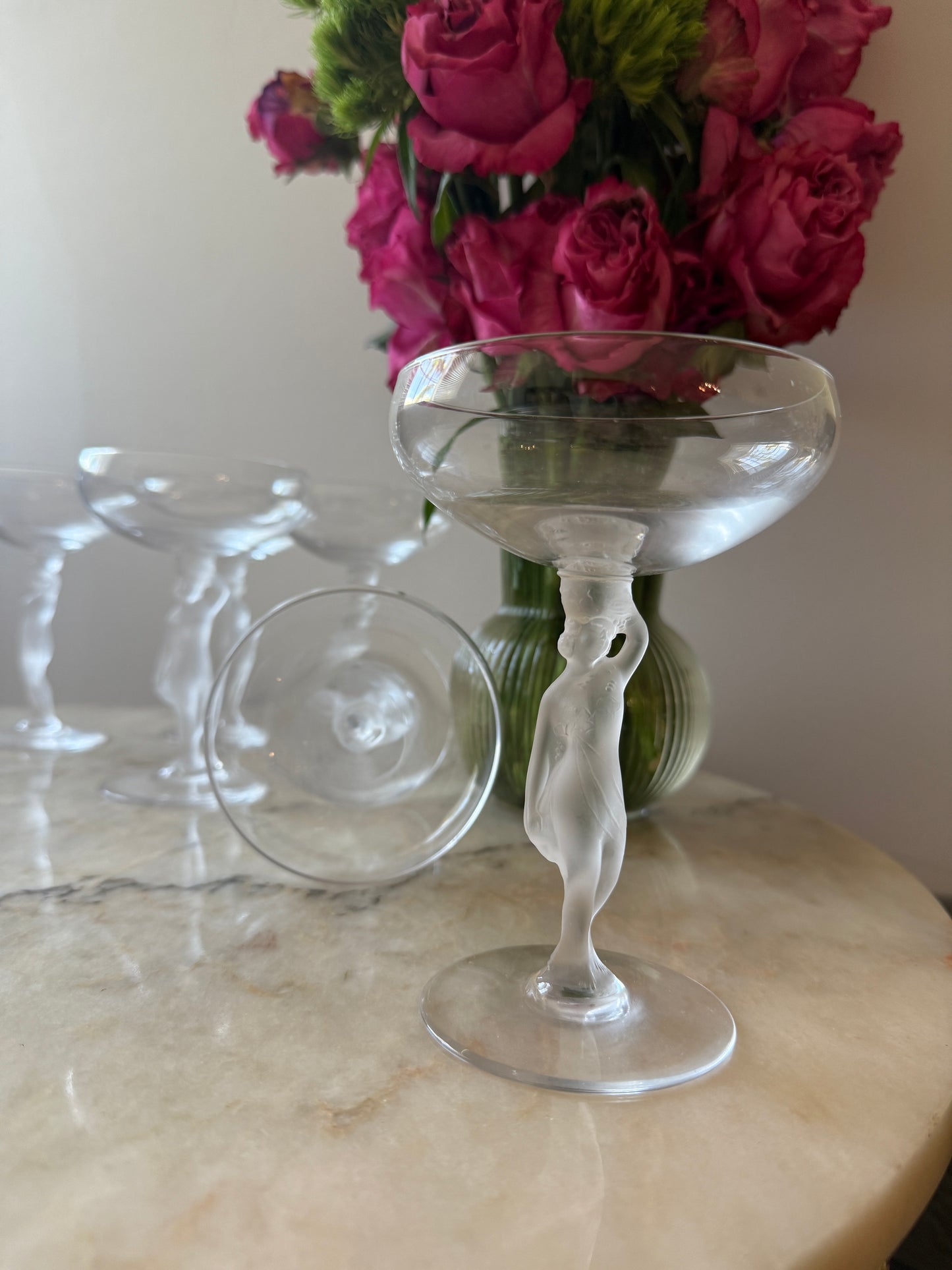 Set of 6Vintage Bayel France Champagne Coupes – Frosted Nude Stem Crystal Glasses