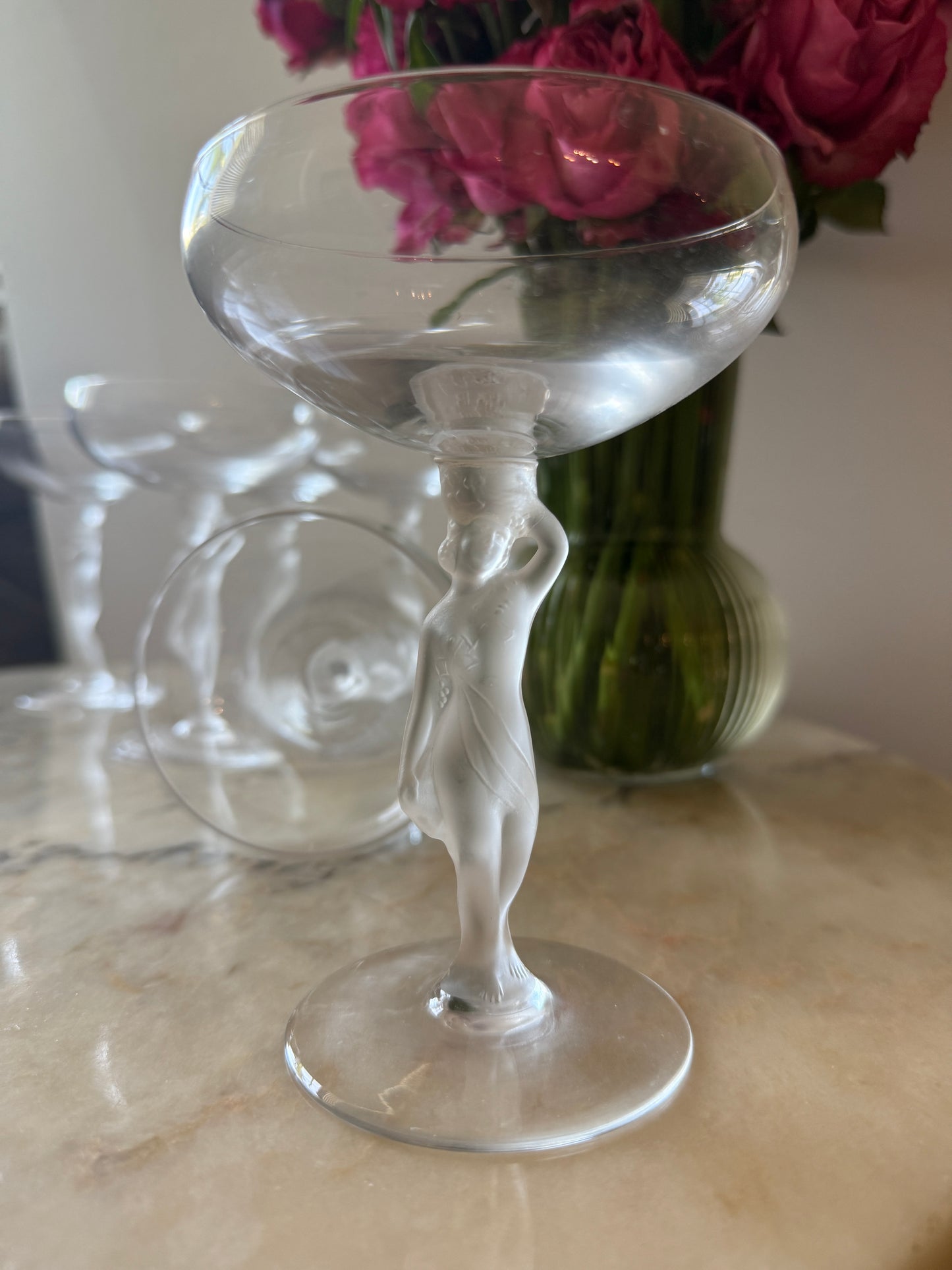 Set of 6Vintage Bayel France Champagne Coupes – Frosted Nude Stem Crystal Glasses