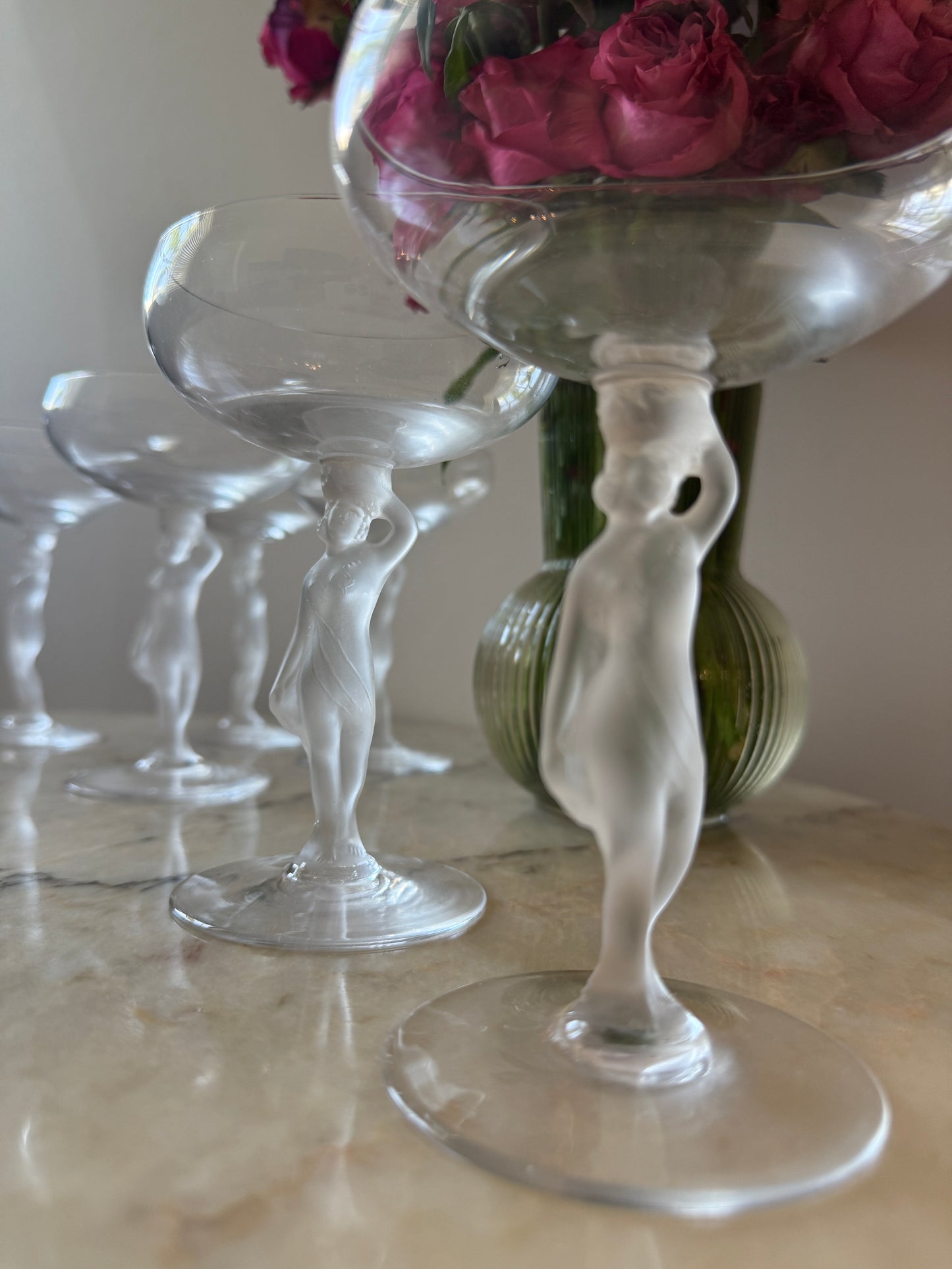 Set of 6Vintage Bayel France Champagne Coupes – Frosted Nude Stem Crystal Glasses