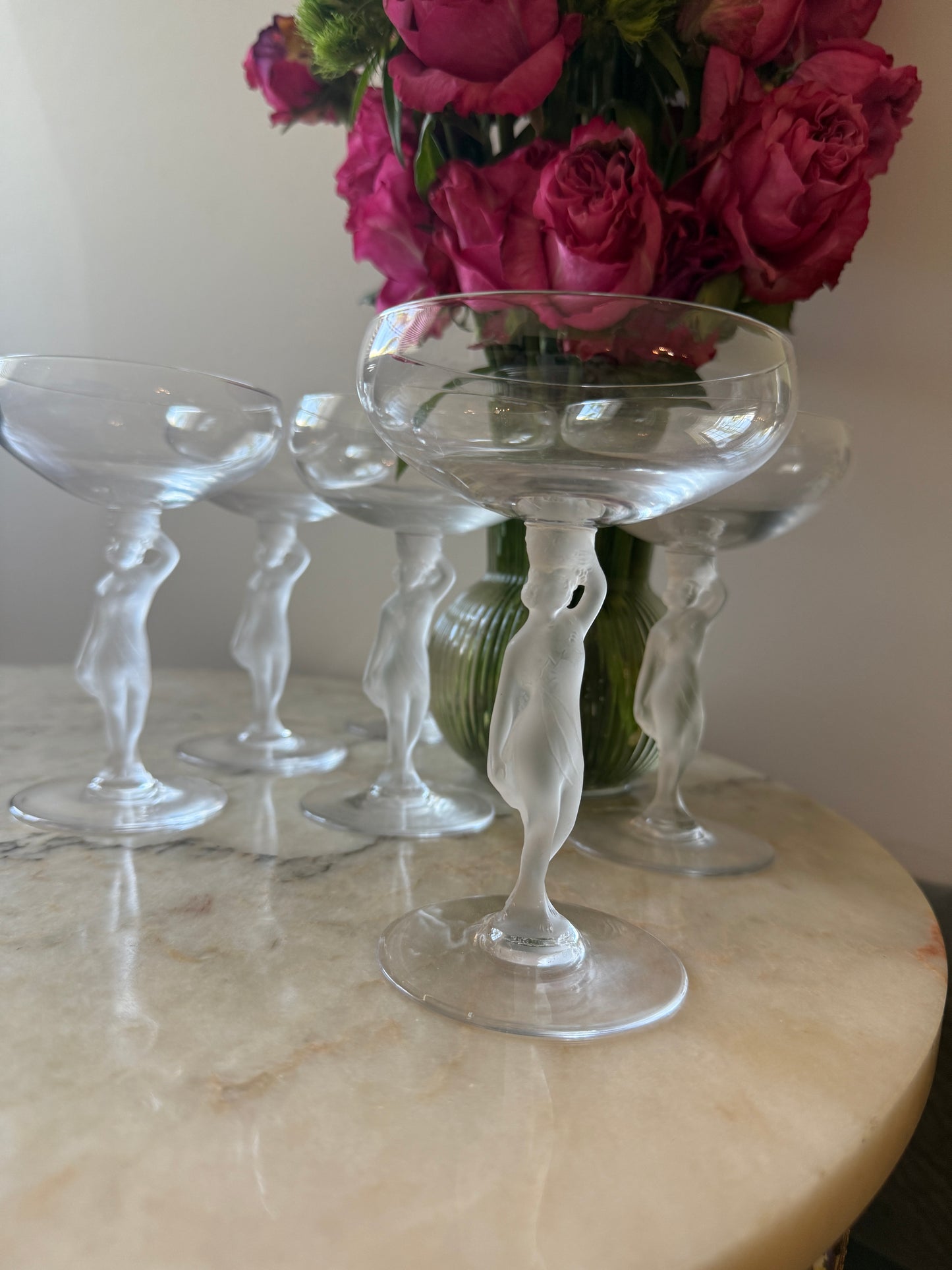 Set of 6Vintage Bayel France Champagne Coupes – Frosted Nude Stem Crystal Glasses