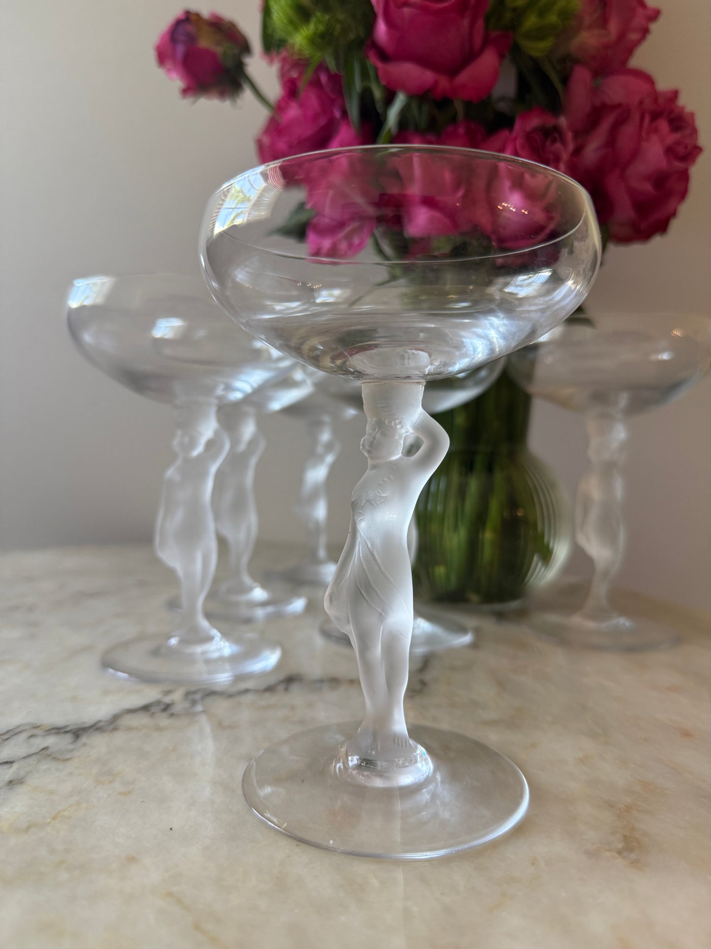 Set of 6Vintage Bayel France Champagne Coupes – Frosted Nude Stem Crystal Glasses