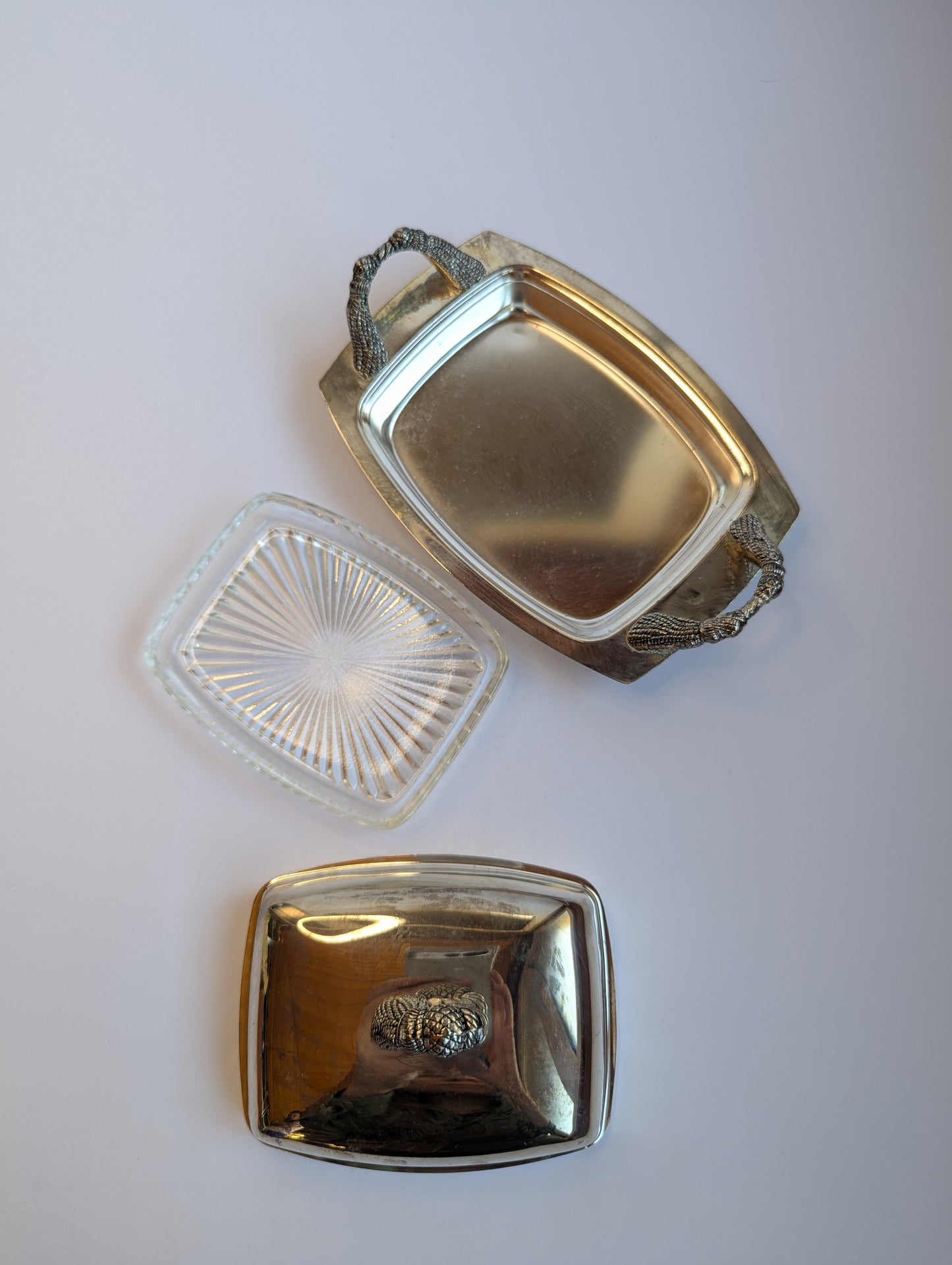 French Silver-Plated Butter Dish with Rope Handles – Vintage Covered Server with Nautical Knot Finial