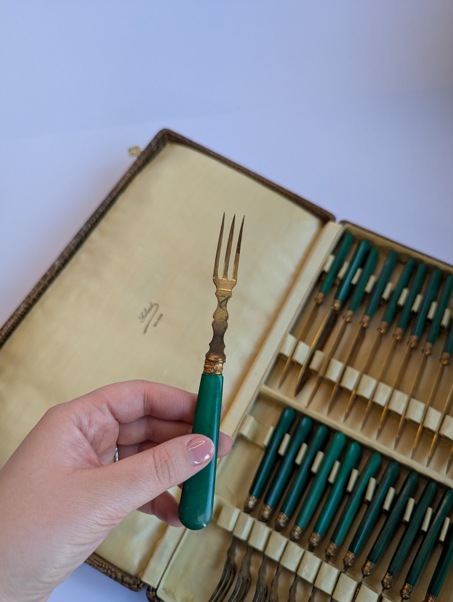 Vintage French Cutlery Set – 24-Piece Gold-Toned Flatware with Green Bakelite Handles in Original Box