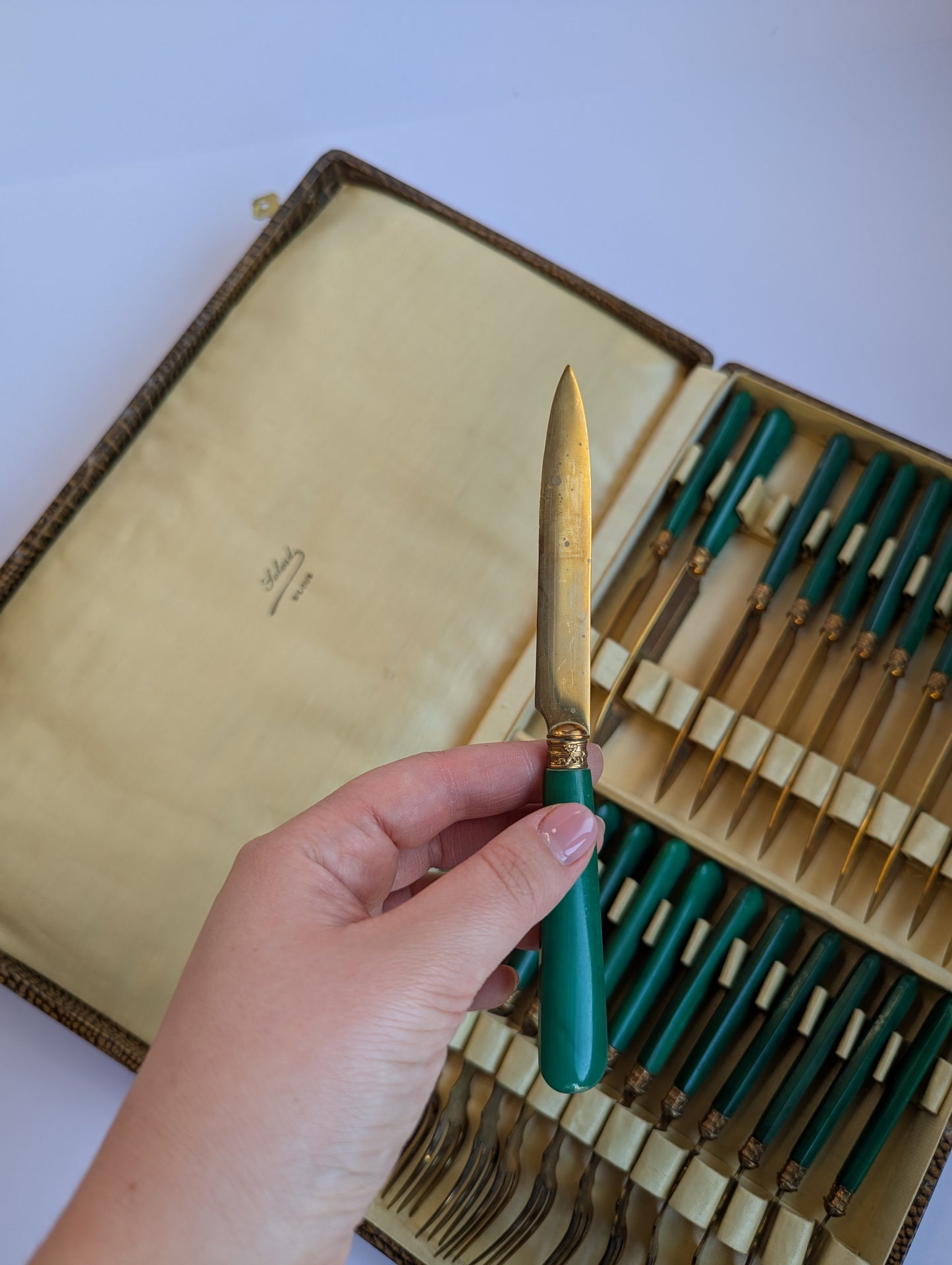 Vintage French Cutlery Set – 24-Piece Gold-Toned Flatware with Green Bakelite Handles in Original Box