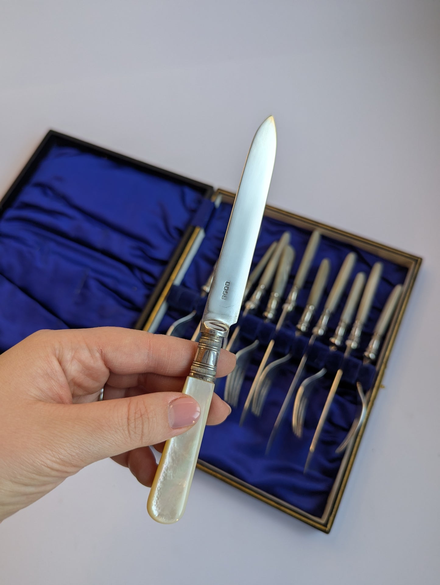 Antique Mother-of-Pearl Fish Cutlery Set – 12-Piece Silver-Plated Fork & Knife Set in Original Box