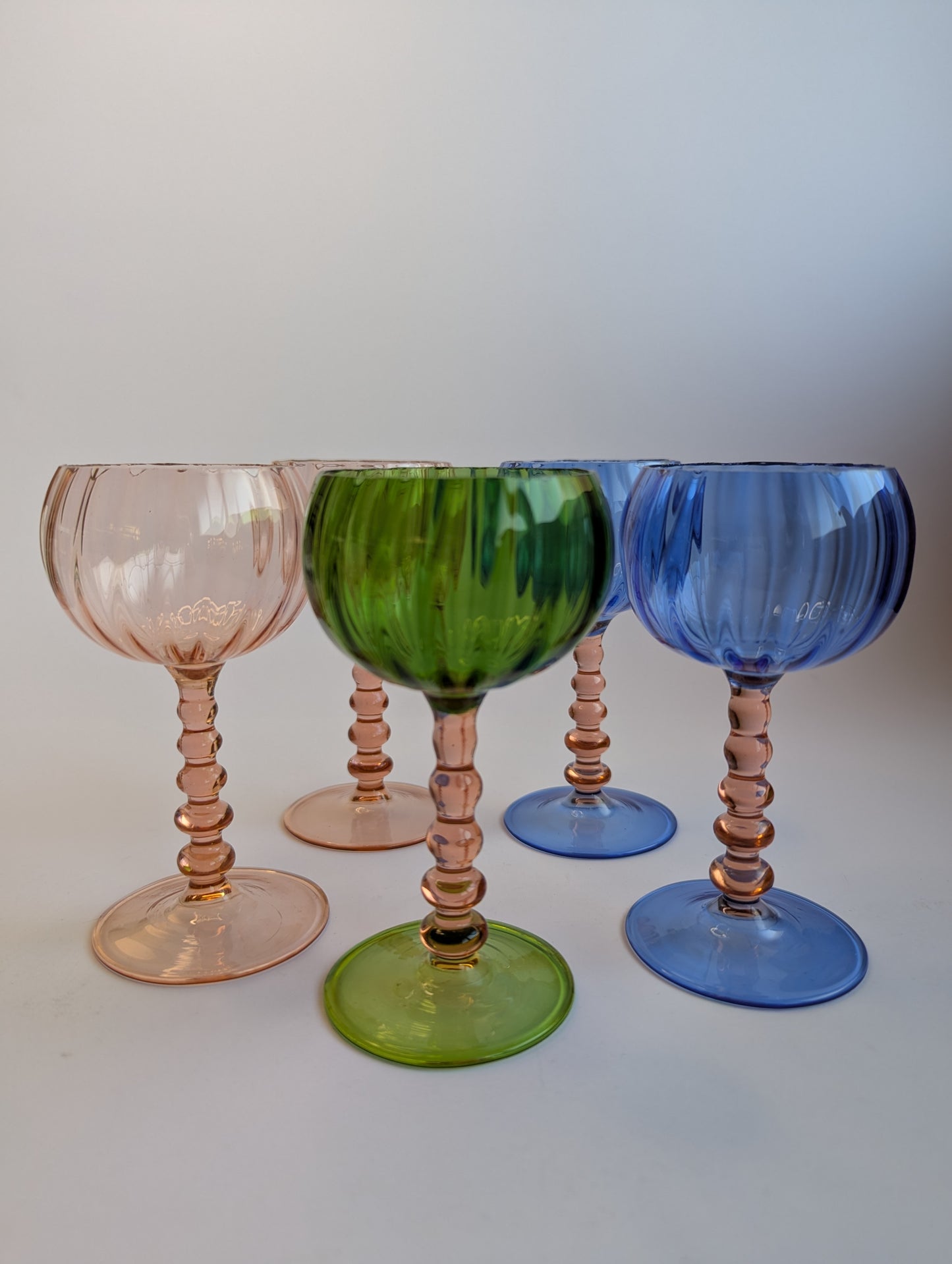 Bimini Hand-Blown Colored Glass Goblets – Set of 5 – Austrian Art Glass, Vintage Mid-Century Stemware