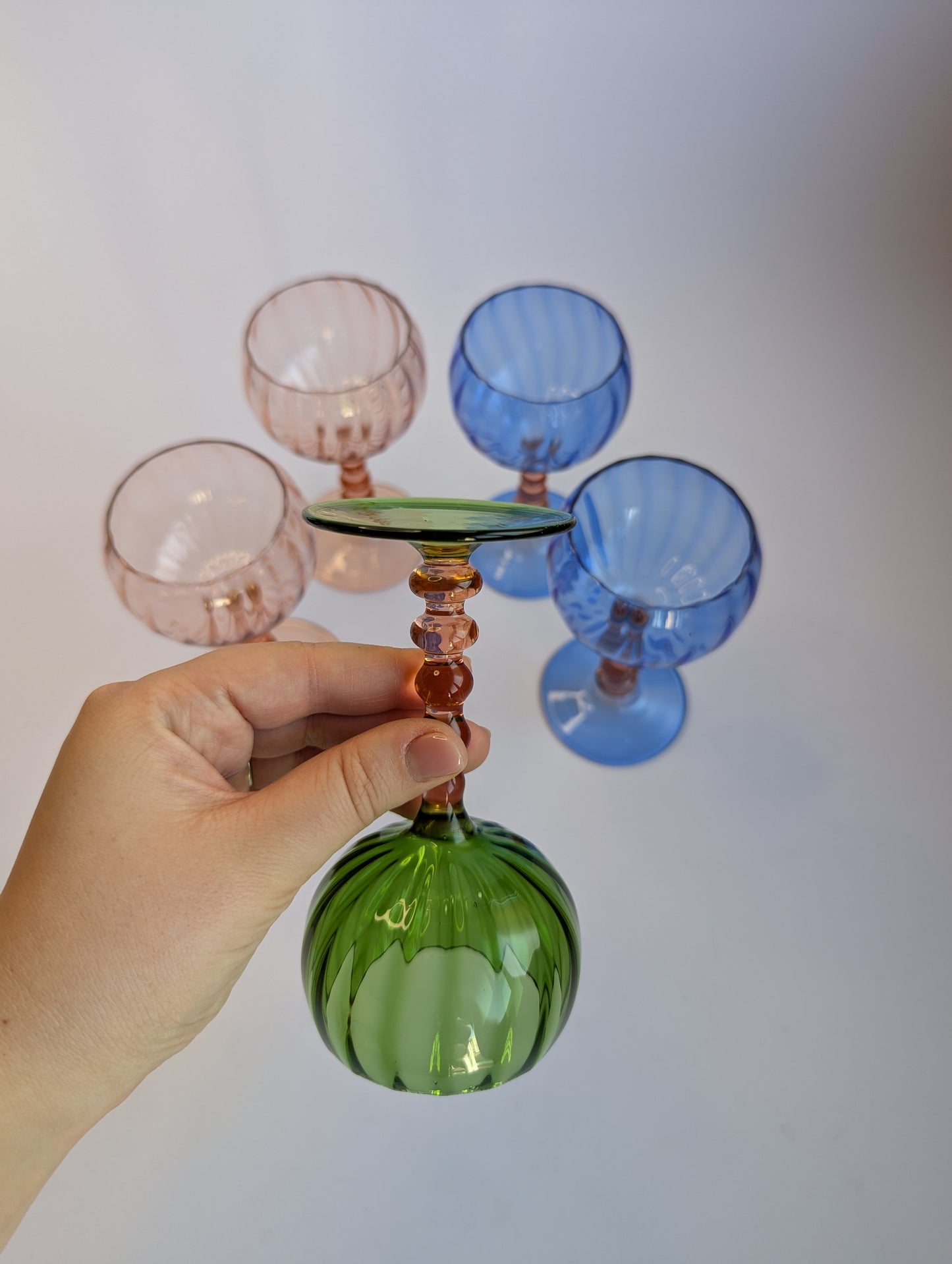 Bimini Hand-Blown Colored Glass Goblets – Set of 5 – Austrian Art Glass, Vintage Mid-Century Stemware