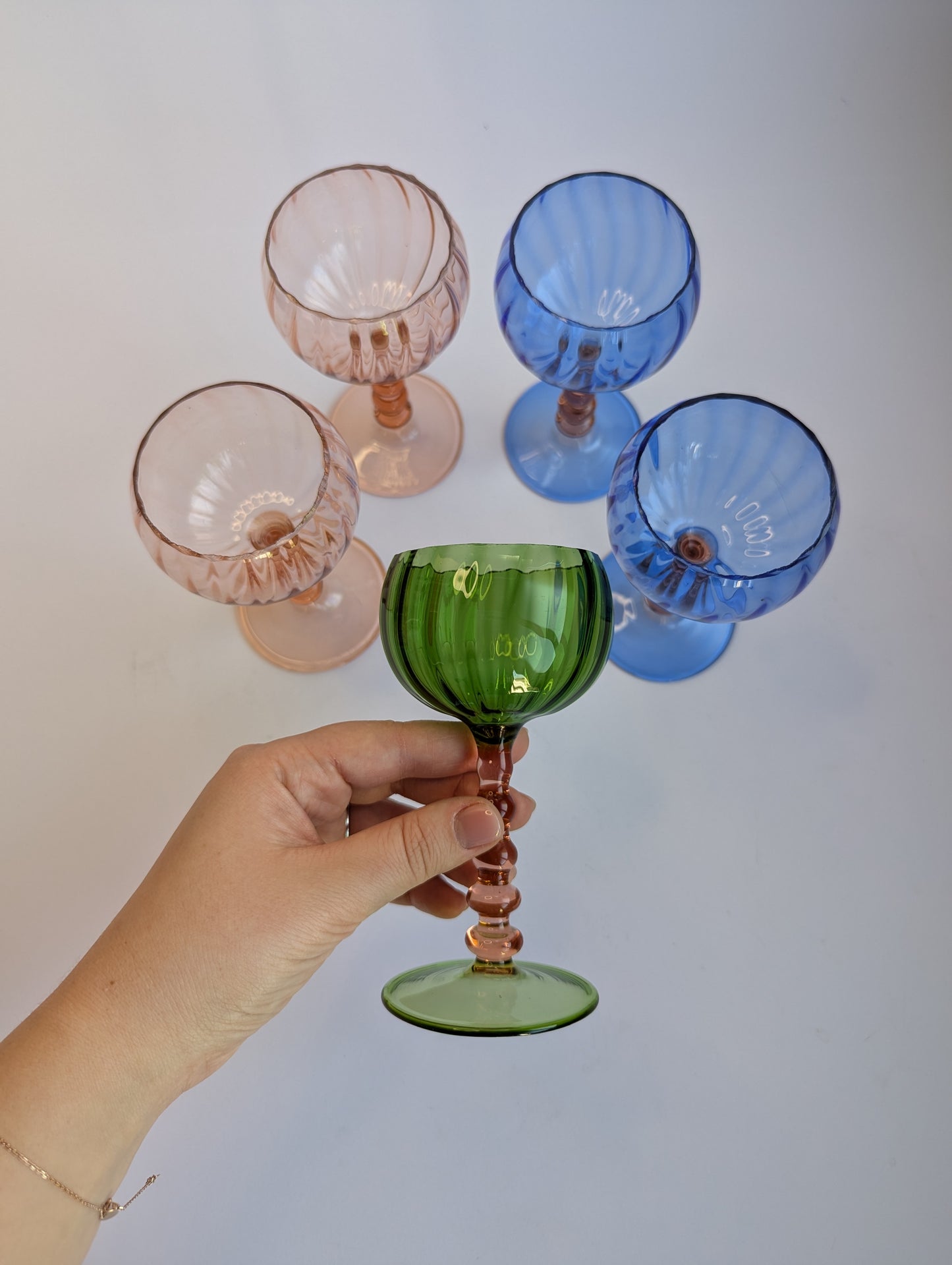 Bimini Hand-Blown Colored Glass Goblets – Set of 5 – Austrian Art Glass, Vintage Mid-Century Stemware