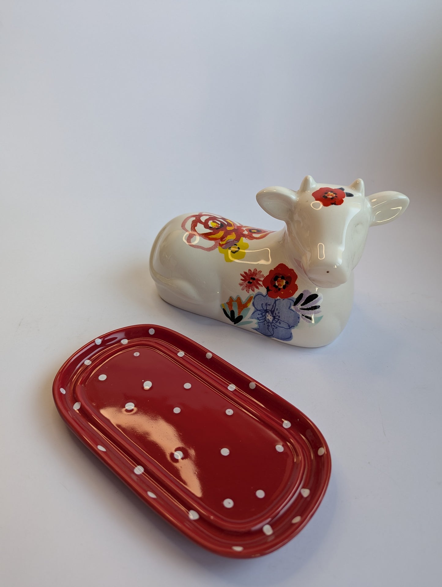 Ceramic Cow Butter Dish – Hand-Painted Polka Dot Base