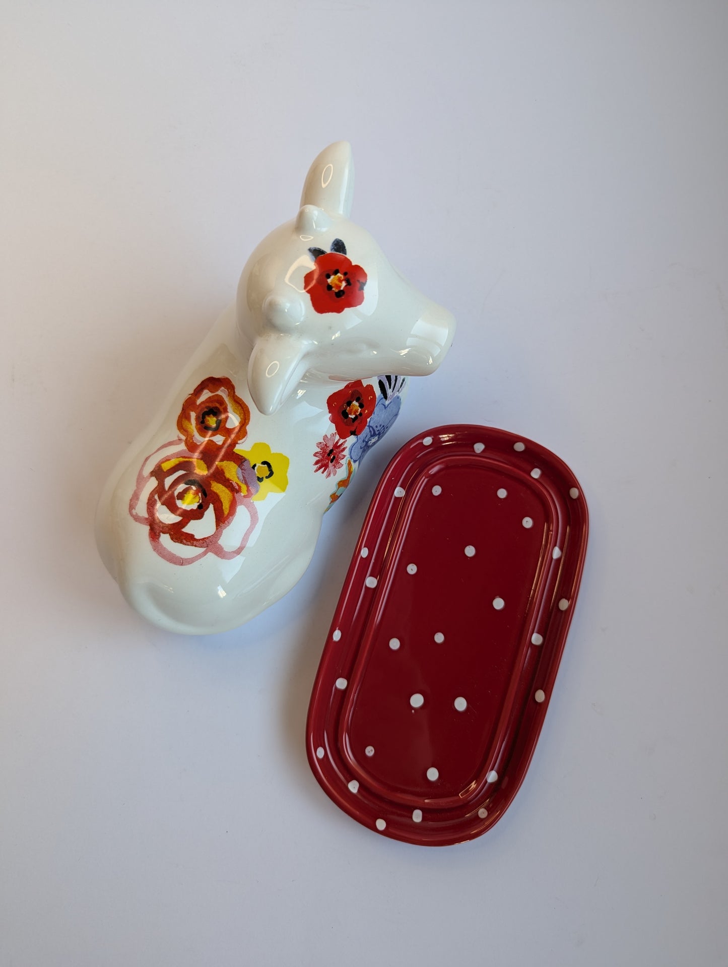 Ceramic Cow Butter Dish – Hand-Painted Polka Dot Base