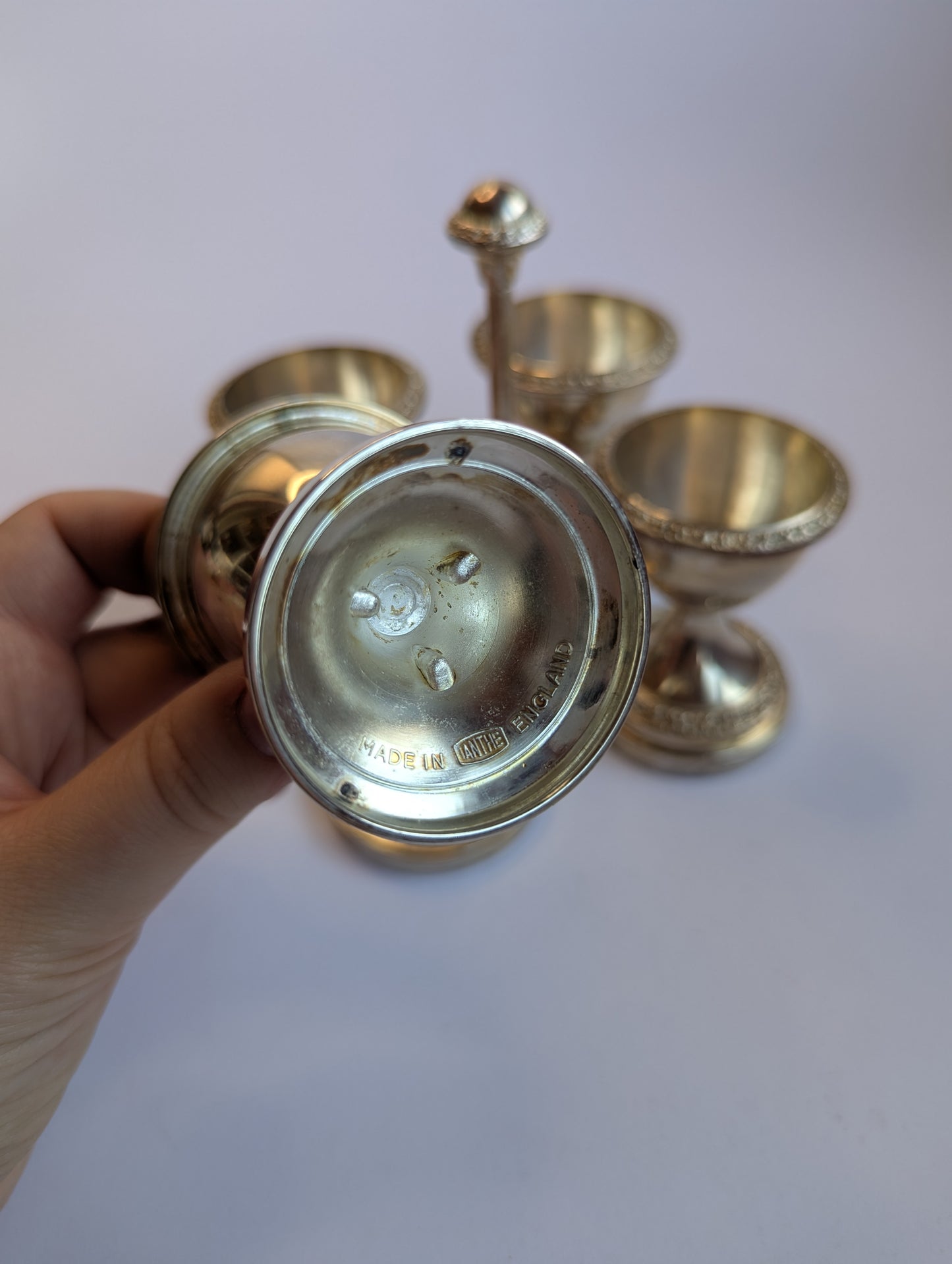 Vintage Silver-Plated Egg Cup Set with Stand – Ornate 4-Piece Breakfast Server, Classic English Tableware