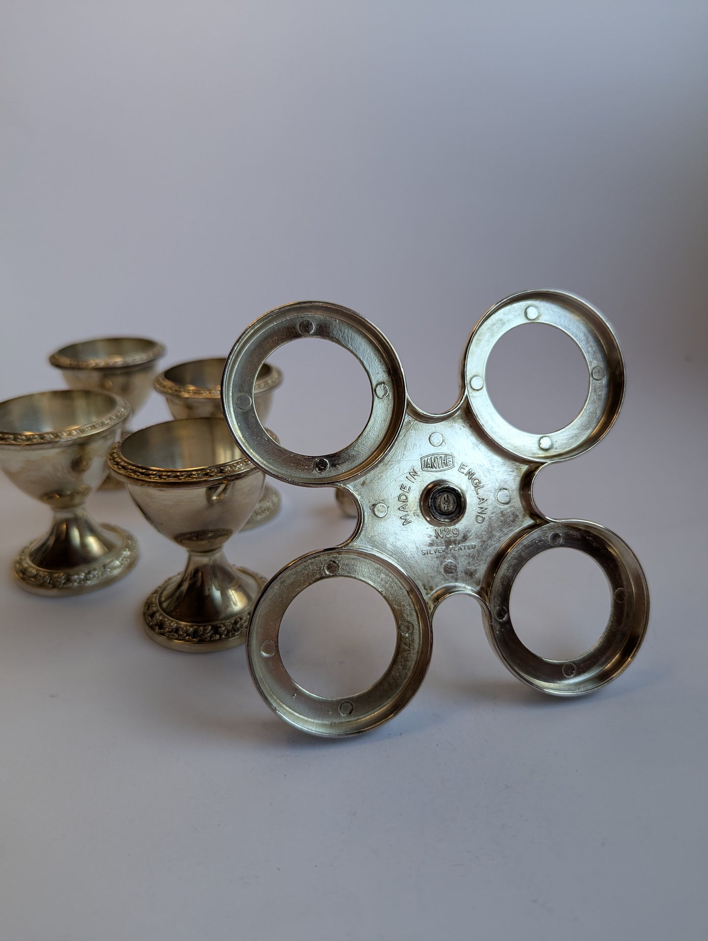 Vintage Silver-Plated Egg Cup Set with Stand – Ornate 4-Piece Breakfast Server, Classic English Tableware