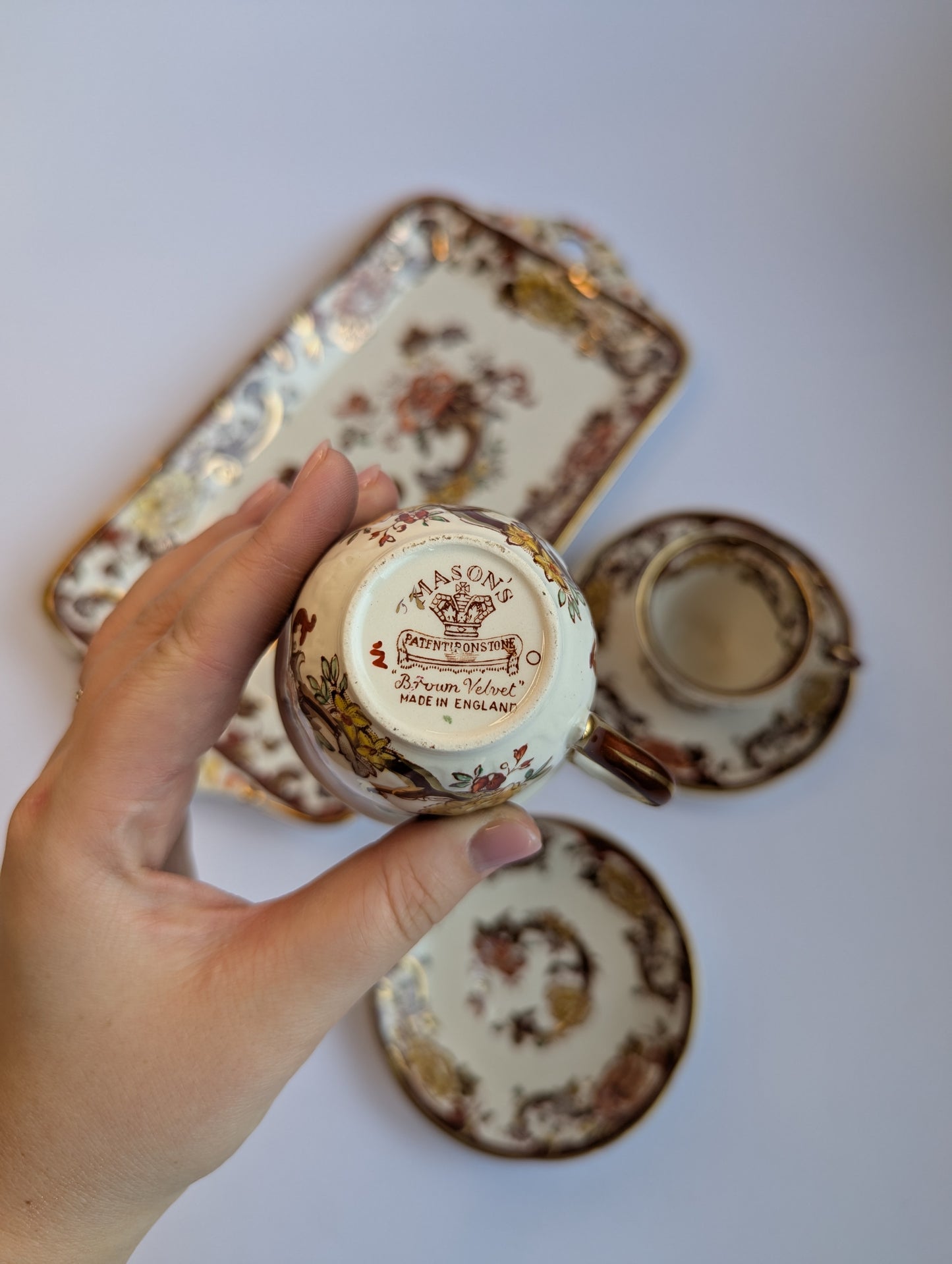 Mason's Mandalay Brown Tea Set – Vintage English Ironstone Tray and Cups