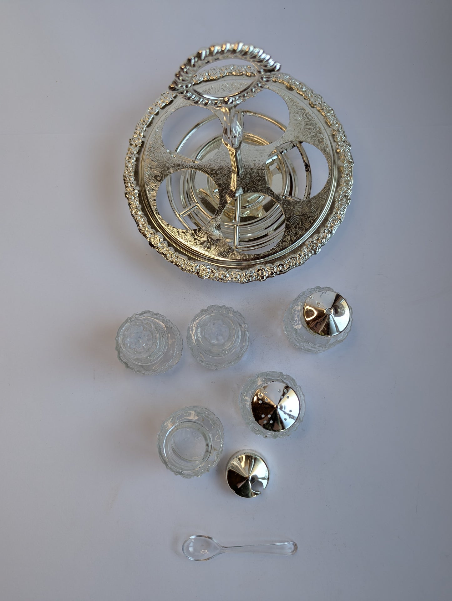 Vintage Silver-Plated Condiment Set with Glass Jars – Ornate Rotating Caddy with Handle