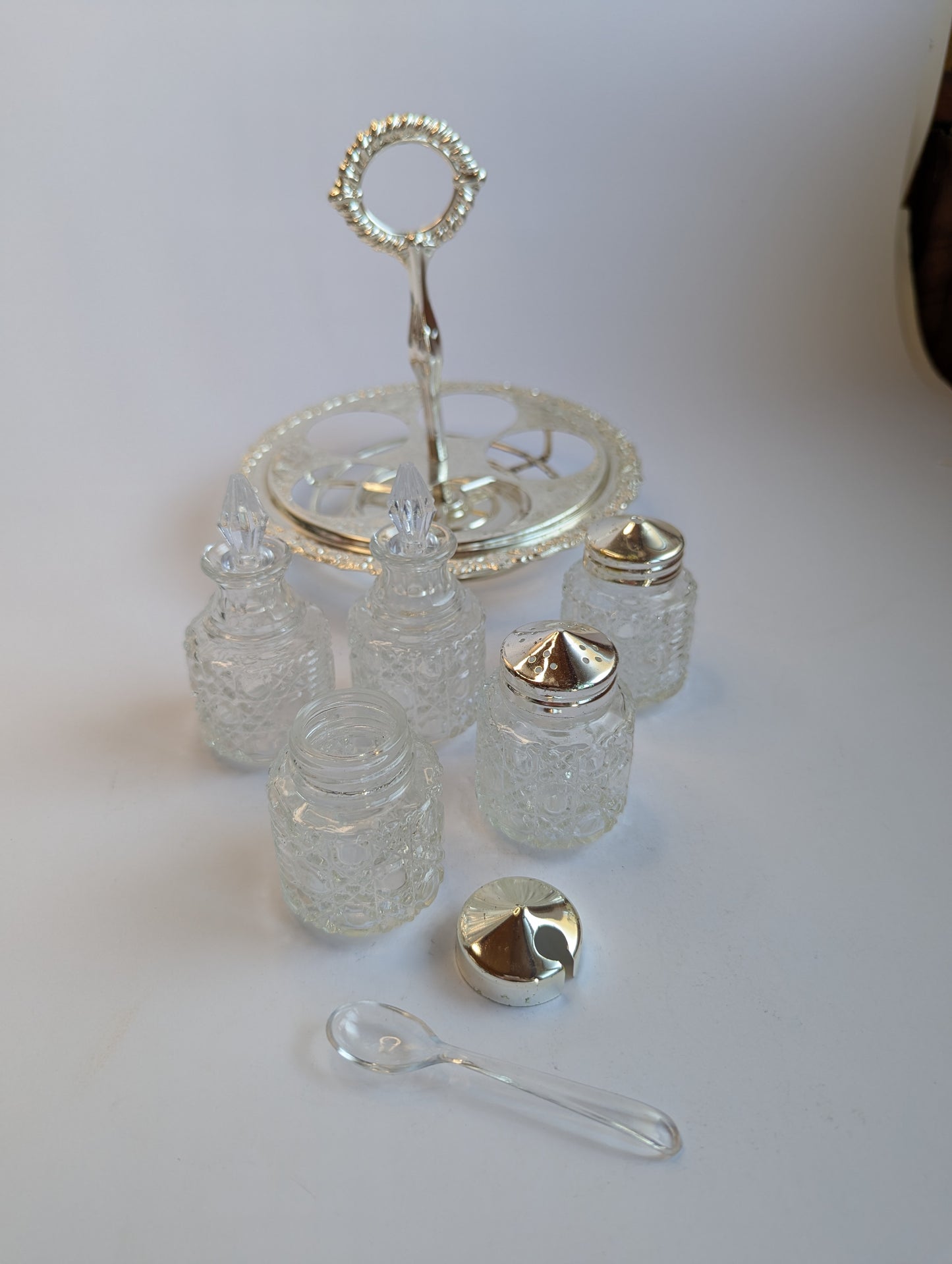 Vintage Silver-Plated Condiment Set with Glass Jars – Ornate Rotating Caddy with Handle