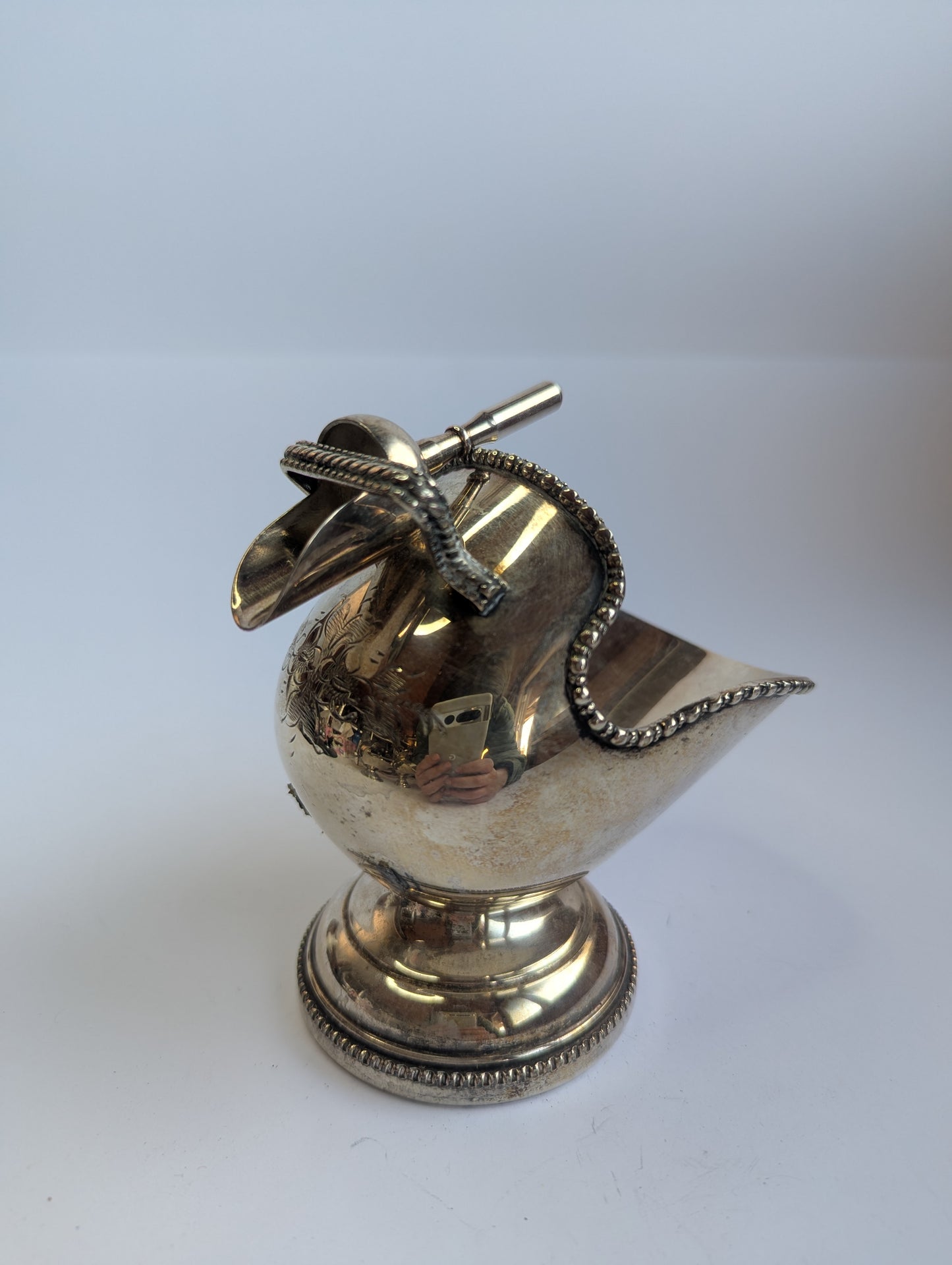 Vintage English Silver-Plated Sugar Scuttle with Spoon – Engraved HMS Drake Presentation