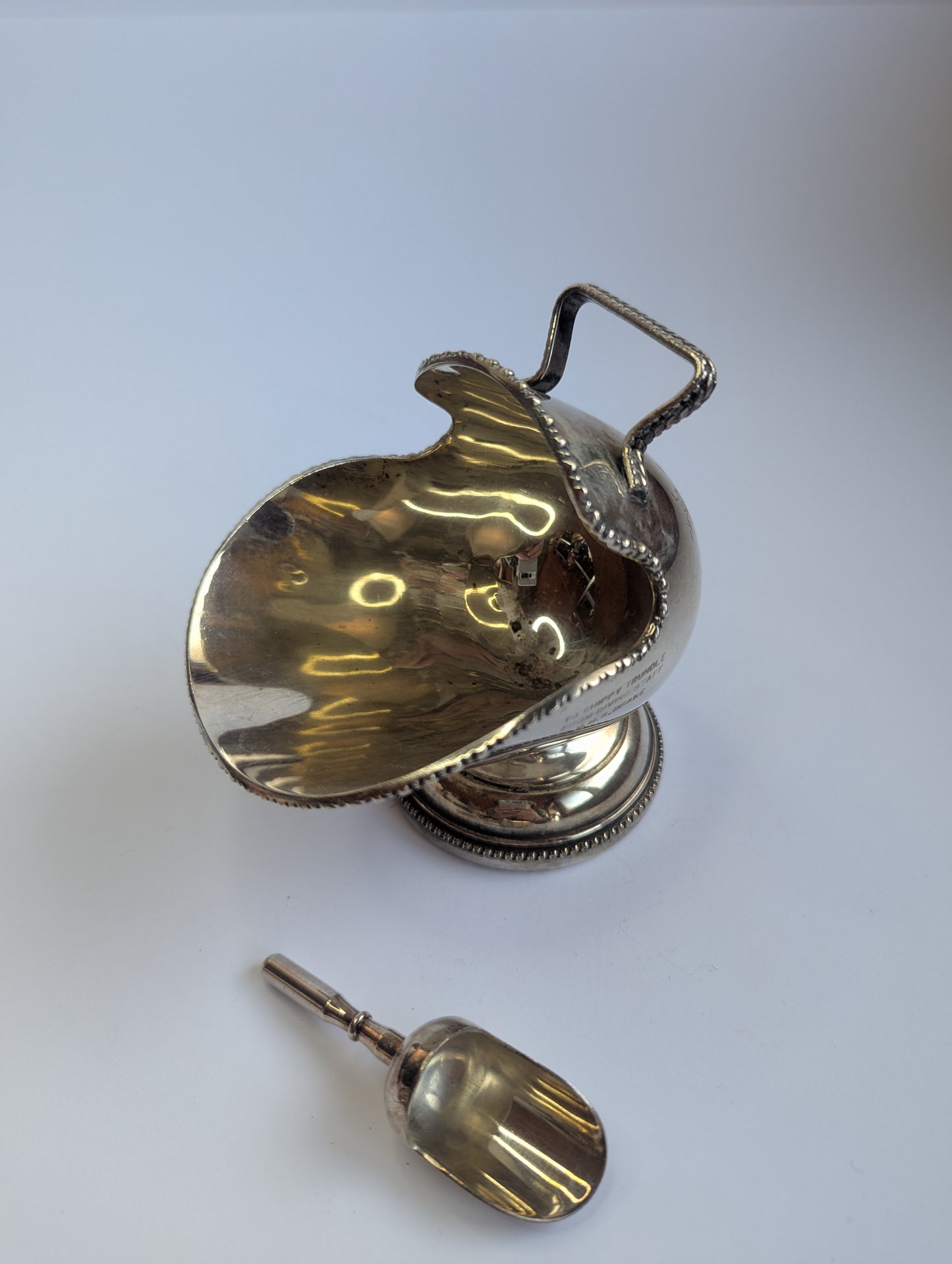 Vintage English Silver-Plated Sugar Scuttle with Spoon – Engraved HMS Drake Presentation