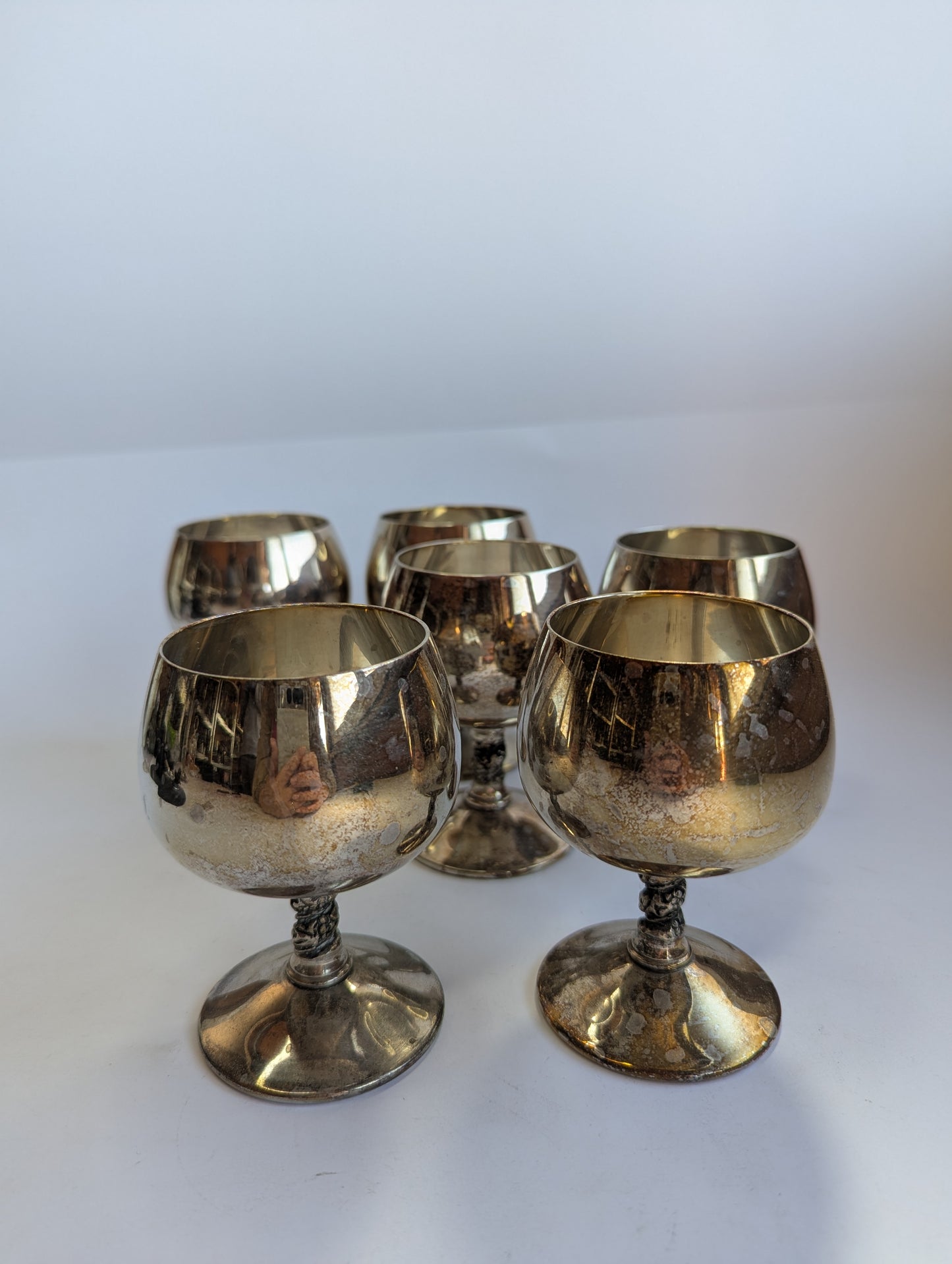 Set of 6 Vintage Silver-Plated Brandy Goblets – Twisted Stem Cognac Glasses