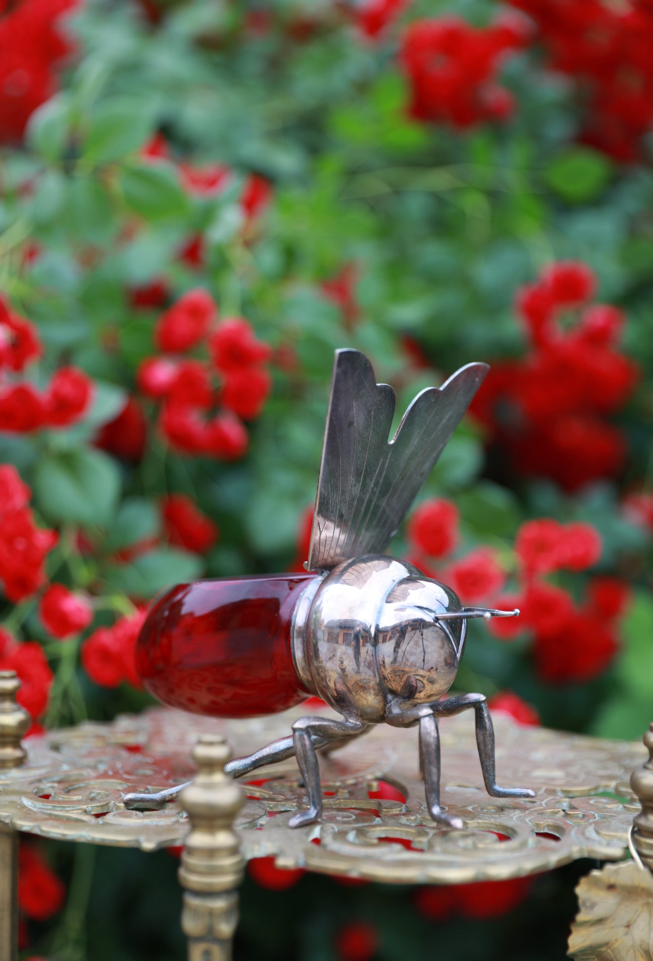 Antique Silverplate & Ruby Glass Honey Pot – Bee Shape by Alexander Clark, c.1920 – Iron Gate Silver