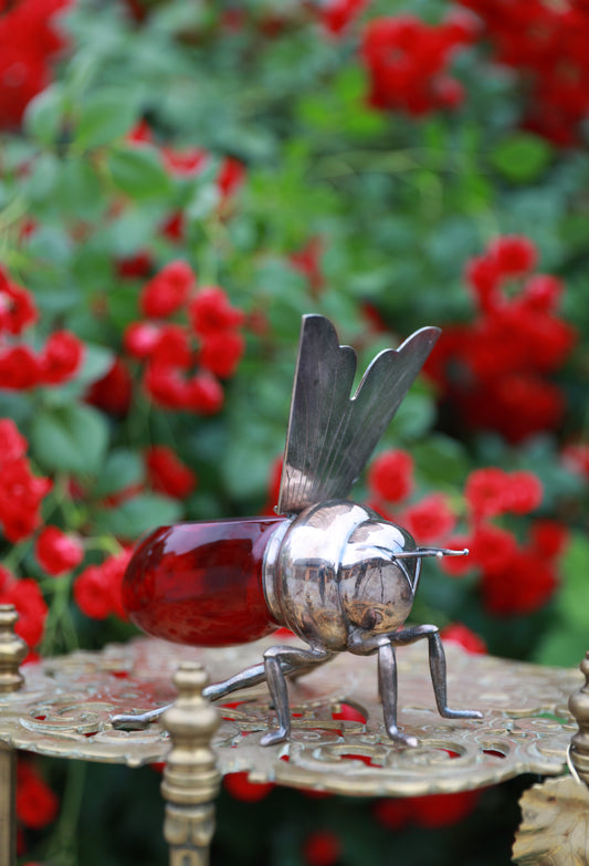 Antique Silverplate & Ruby Glass Honey Pot – Bee Shape by Alexander Clark, c.1920 – Iron Gate Silver
