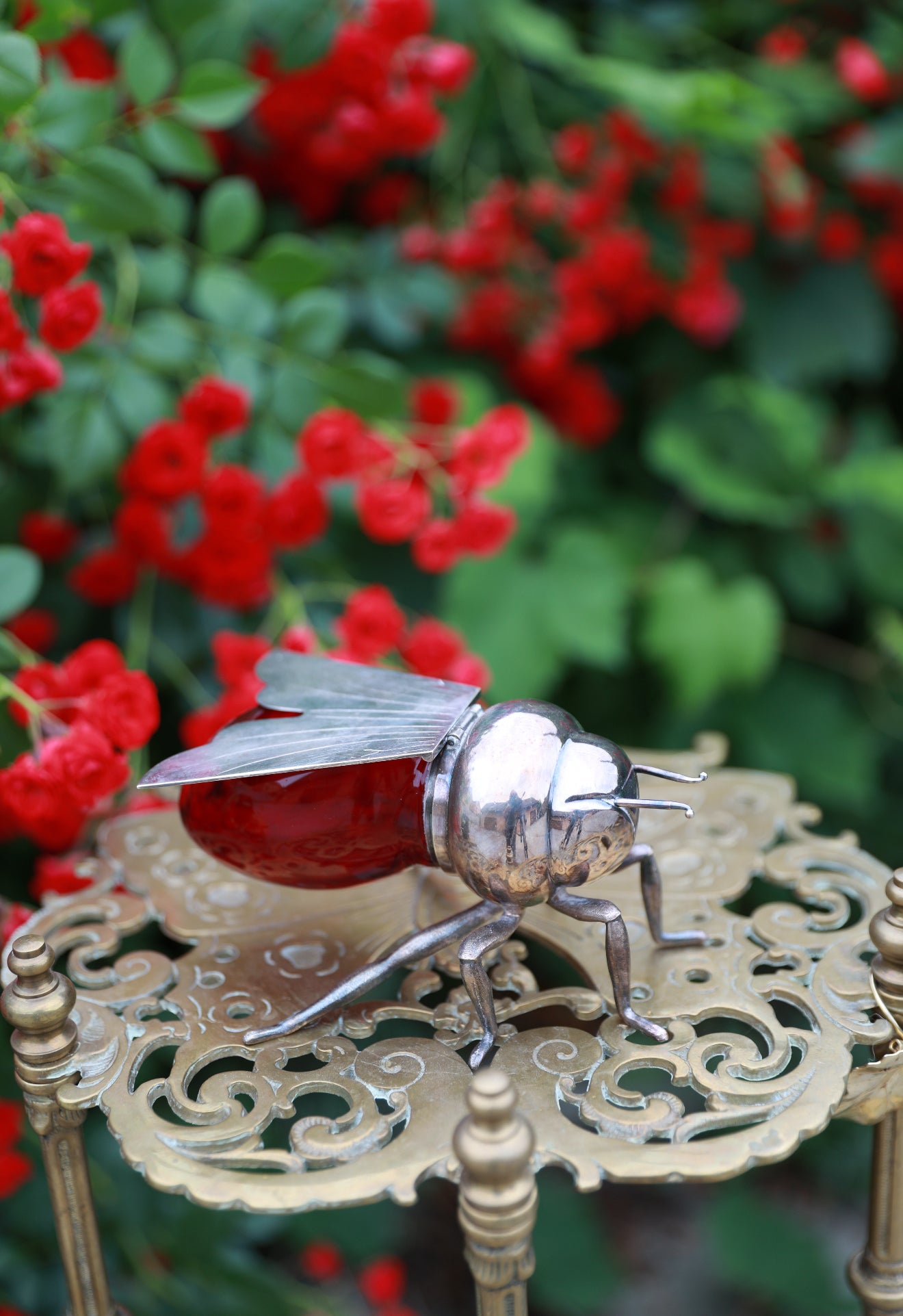 Antique Silverplate & Ruby Glass Honey Pot – Bee Shape by Alexander Clark, c.1920 – Iron Gate Silver
