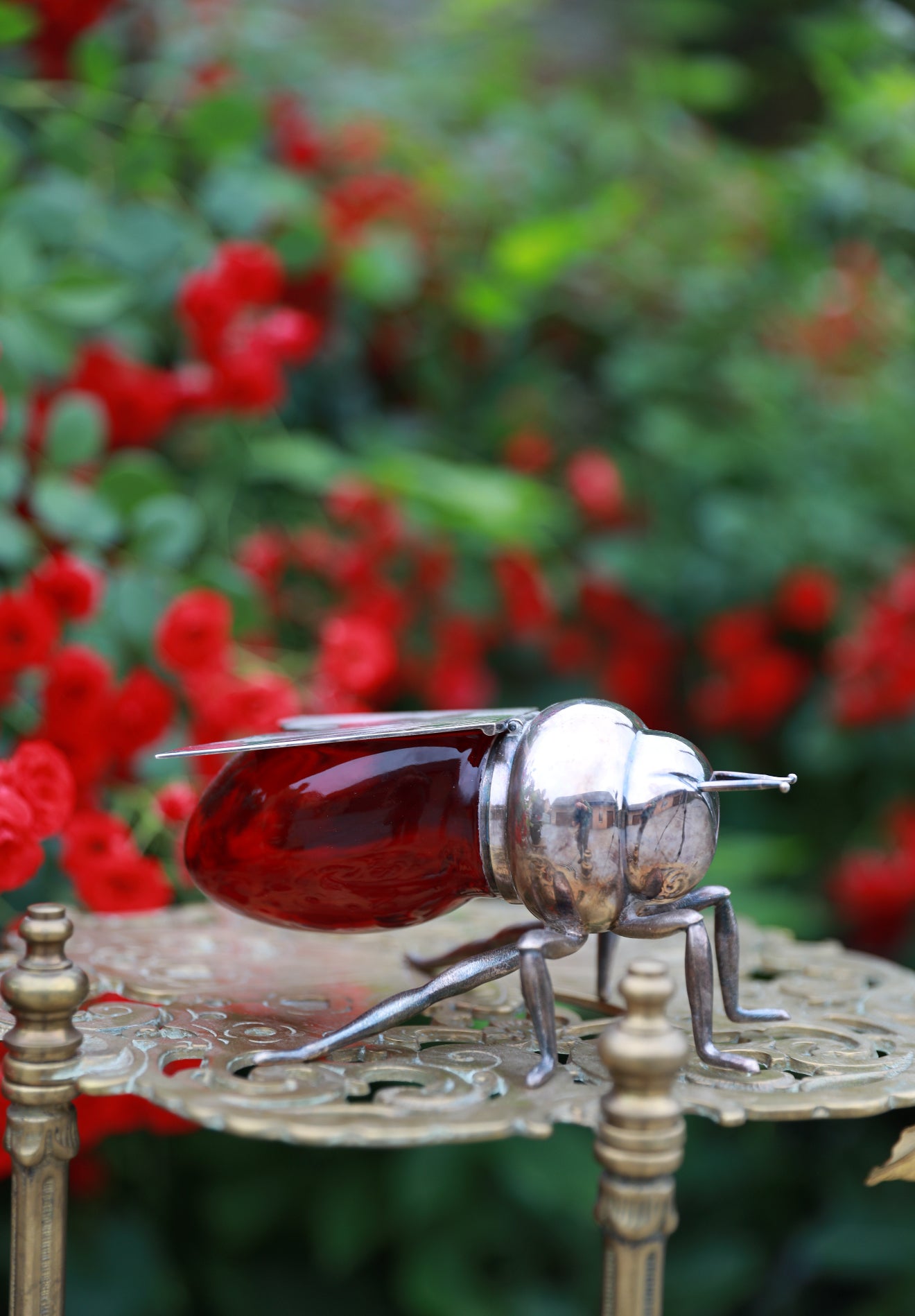 Antique Silverplate & Ruby Glass Honey Pot – Bee Shape by Alexander Clark, c.1920 – Iron Gate Silver
