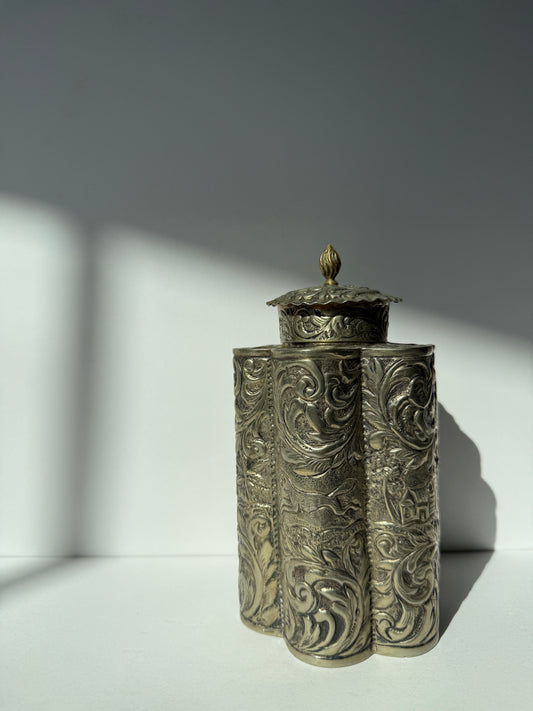 Ornate Silver-Plated Tea Caddy – Repoussé Scenic Design, Antique Storage Jar, Baroque Revival Style