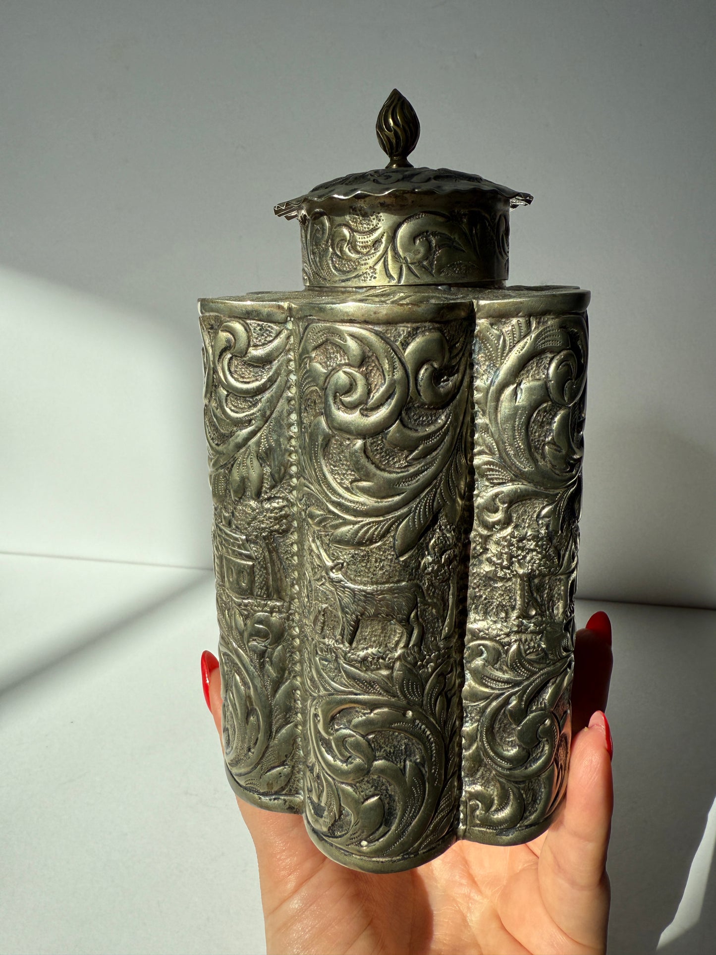 Ornate Silver-Plated Tea Caddy – Repoussé Scenic Design, Antique Storage Jar, Baroque Revival Style