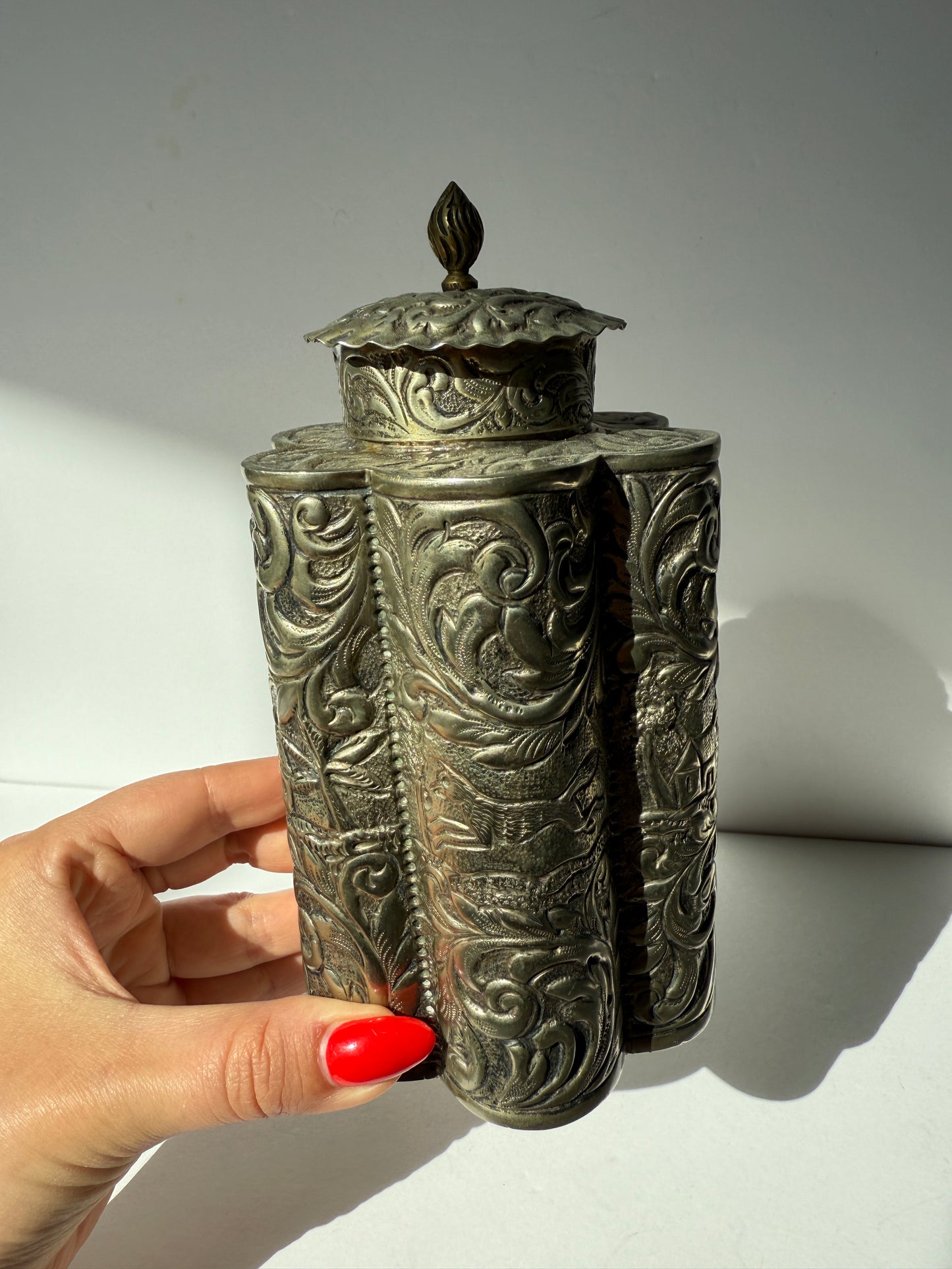 Ornate Silver-Plated Tea Caddy – Repoussé Scenic Design, Antique Storage Jar, Baroque Revival Style