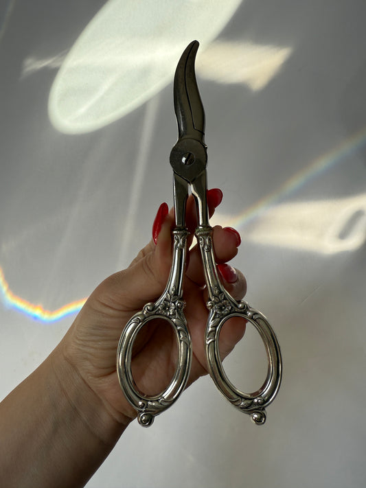 Sterling Silver Grape Shears – Floral Handle Design, Antique Scissors for Fruit or Herbs, Hallmarked Silver