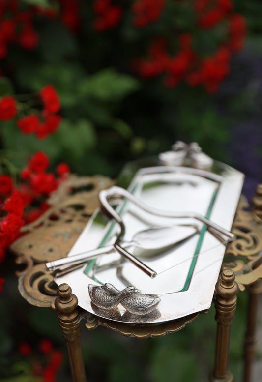 French Silver-Plated Foie Gras Serving Set – Vintage Appetizer Utensils with Tray & Knife, Duck Motif