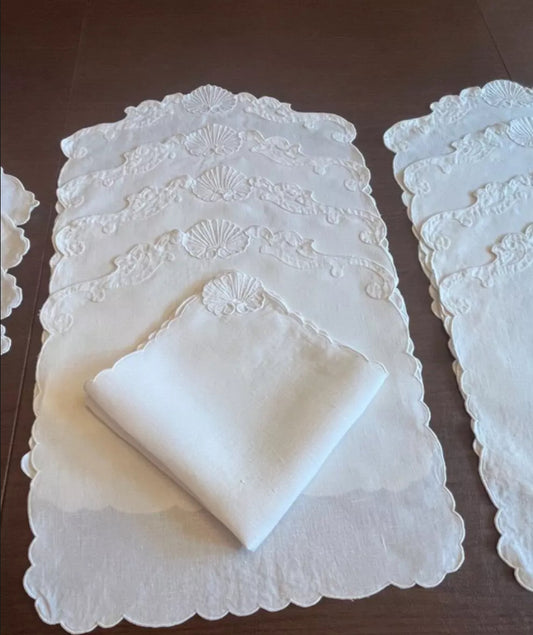 White Linen Placemat & Napkin Set – 8 Embroidered Shell Placemats + 8 Matching Napkins