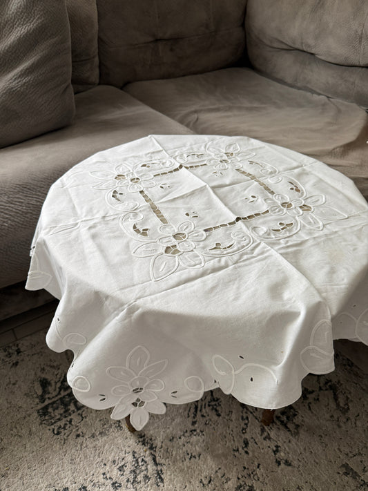 White Swiss Braid Embroidered Table Topper – 100% Cotton, Vintage Style 34"x34"