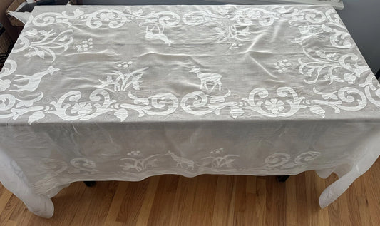 Vintage White Embroidered Tablecloth with Deer & Floral Motif – 62x104 Inches – Elegant Rectangular Linen