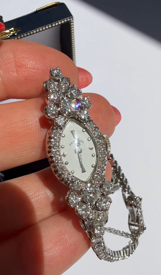 Vintage Hamilton Diamond Watch – 14K White Gold Ladies Wristwatch